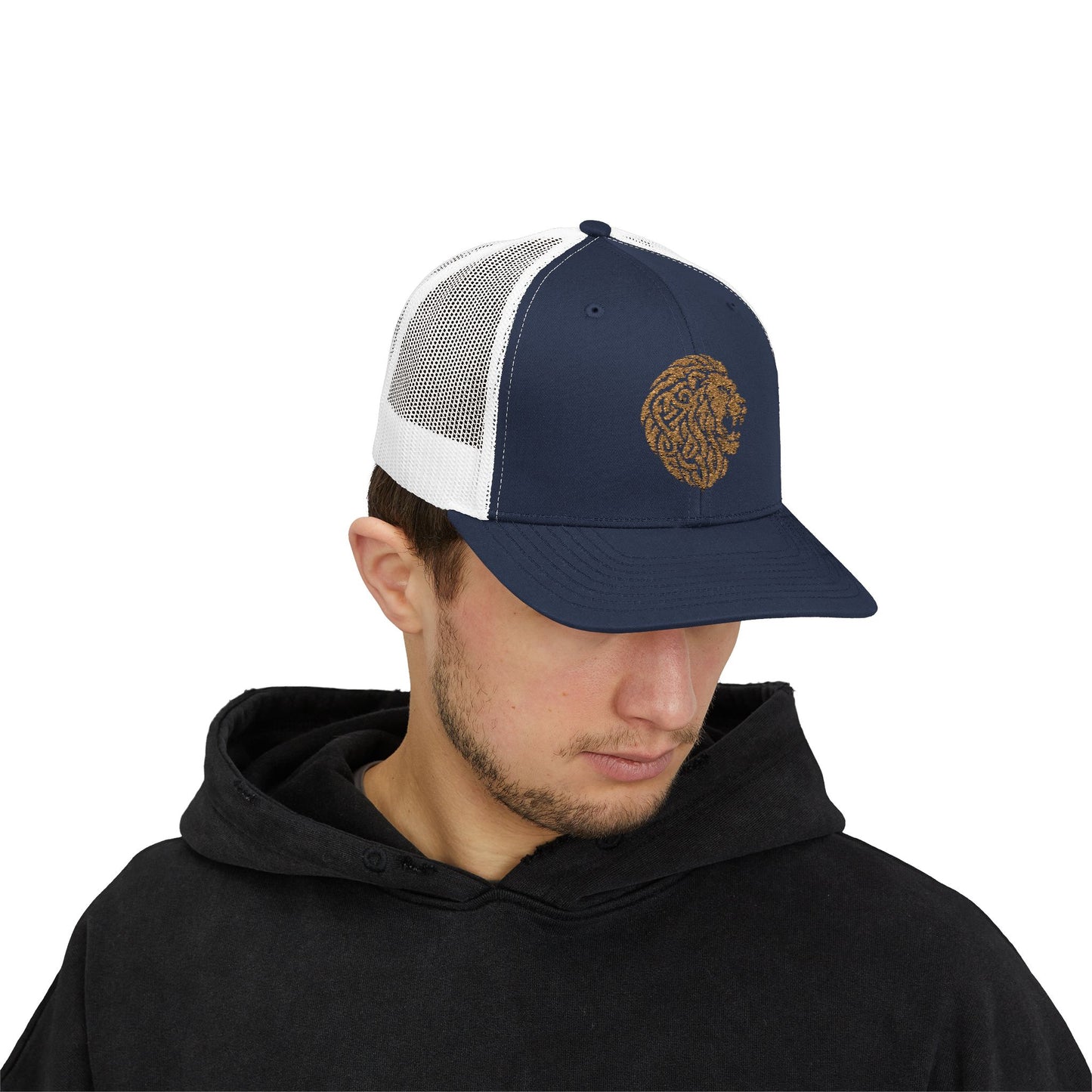 Navy and White DK Lion Logo Snapback Trucker Cap Doxa Kairos™ Hat Being Worn By a Man