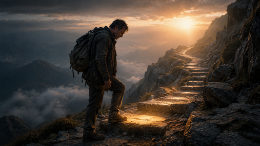 Tired hiker taking the next step on a rugged stone mountain path at sunrise, symbolizing perseverance and continuing forward.