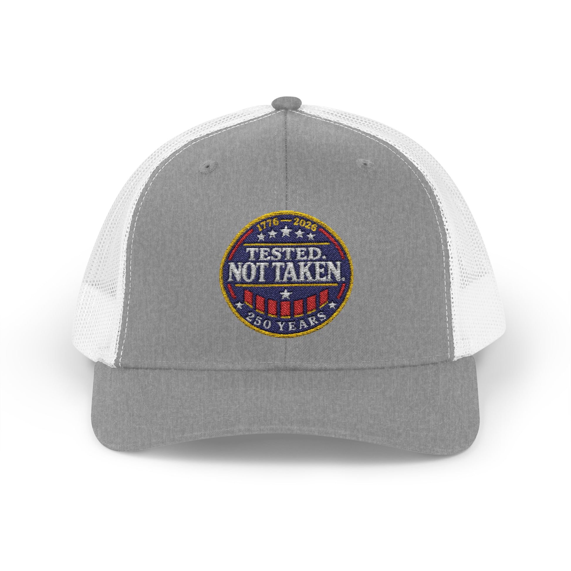 Grey and White Tested. Not Taken Emblem USA 250th | Truckers Cap | Doxa Kairos Co. Patriotic Hat