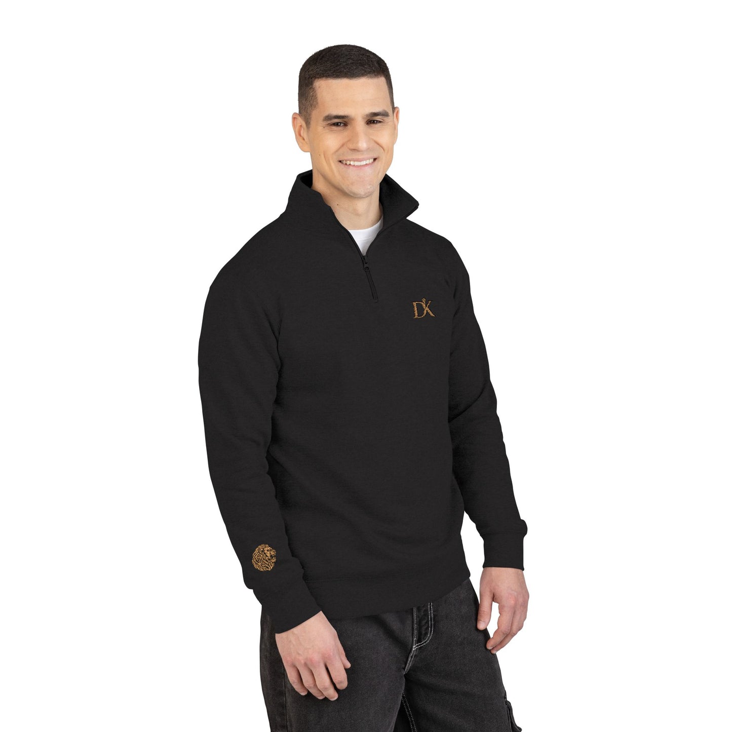 Side of Many wearing Black DK Monogram Logo Half Zip Fleece Kairos™ Pullover