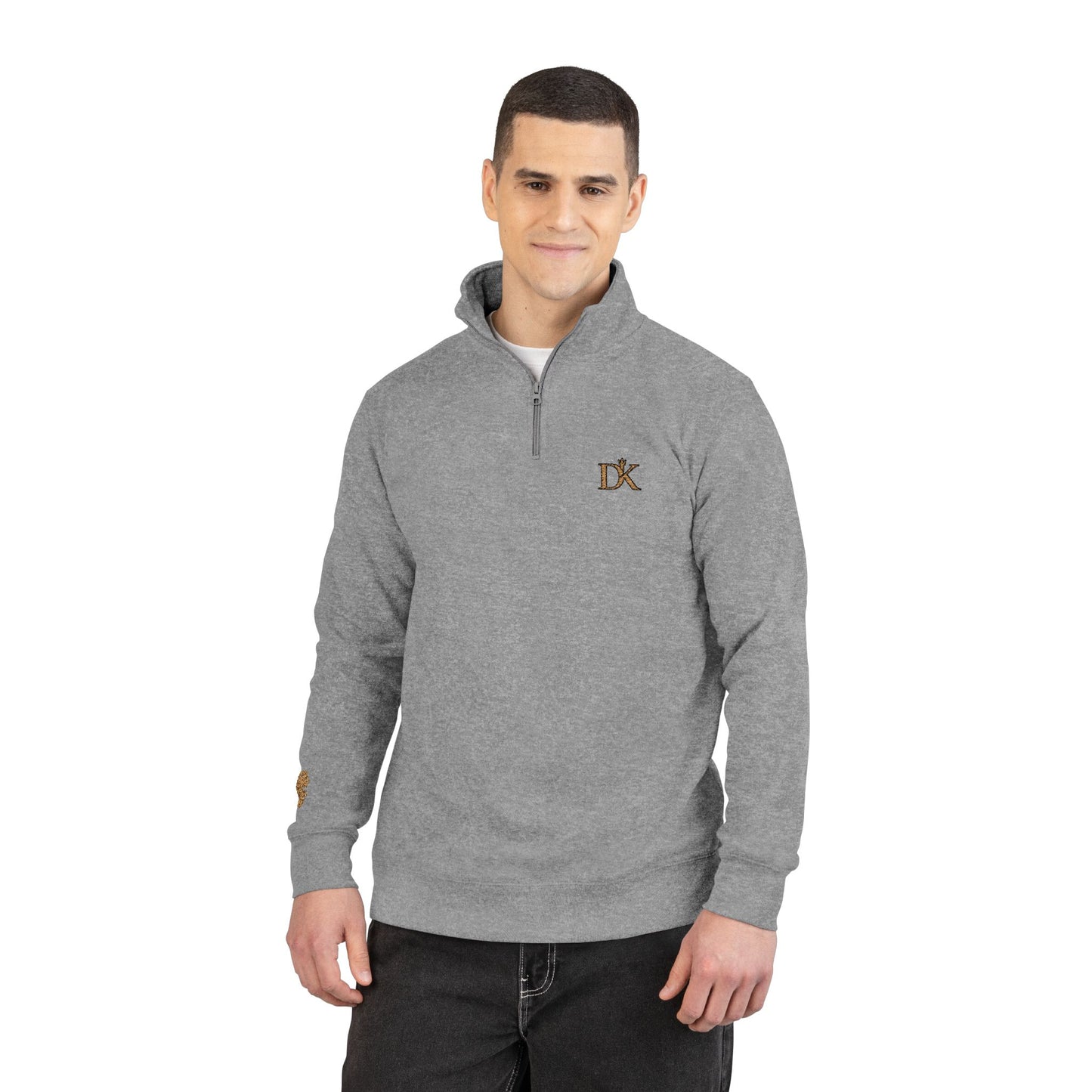 Front of Man Wearing Grey DK Monogram Logo Half Zip Fleece Kairos™ Pullover