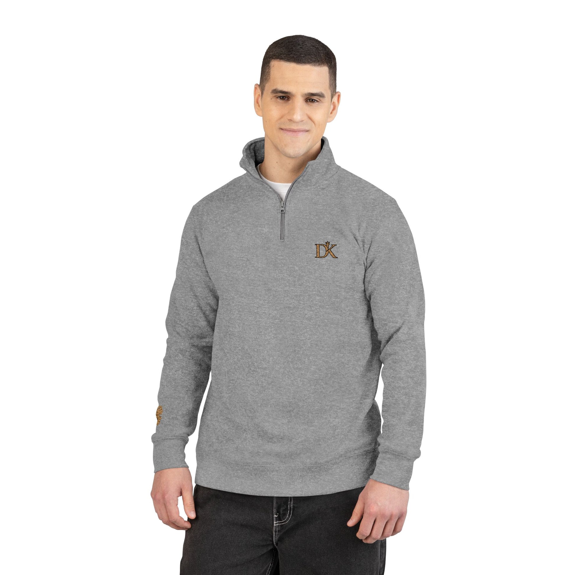 Front of Man Wearing Grey DK Monogram Logo Half Zip Fleece Kairos™ Pullover
