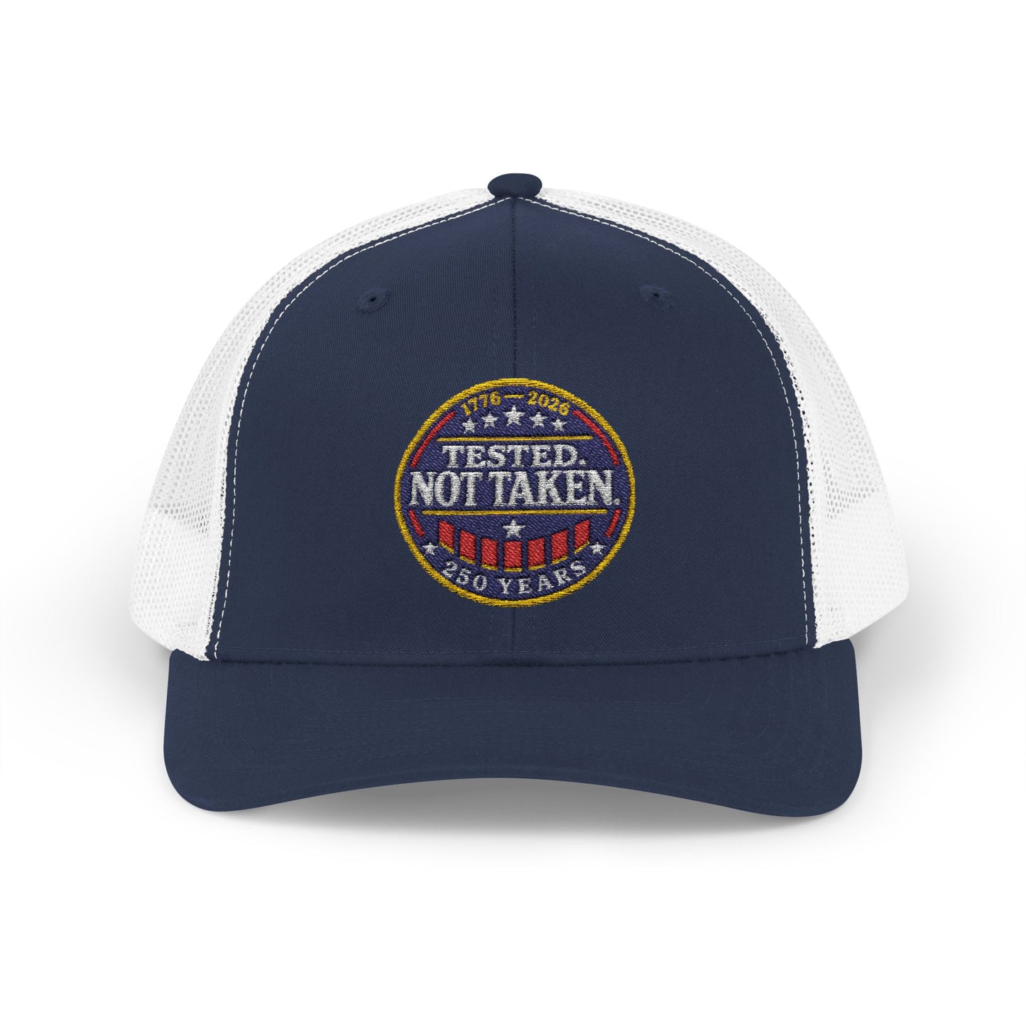 Navy and White Tested. Not Taken Emblem USA 250th | Truckers Cap | Doxa Kairos Co. Patriotic Hat