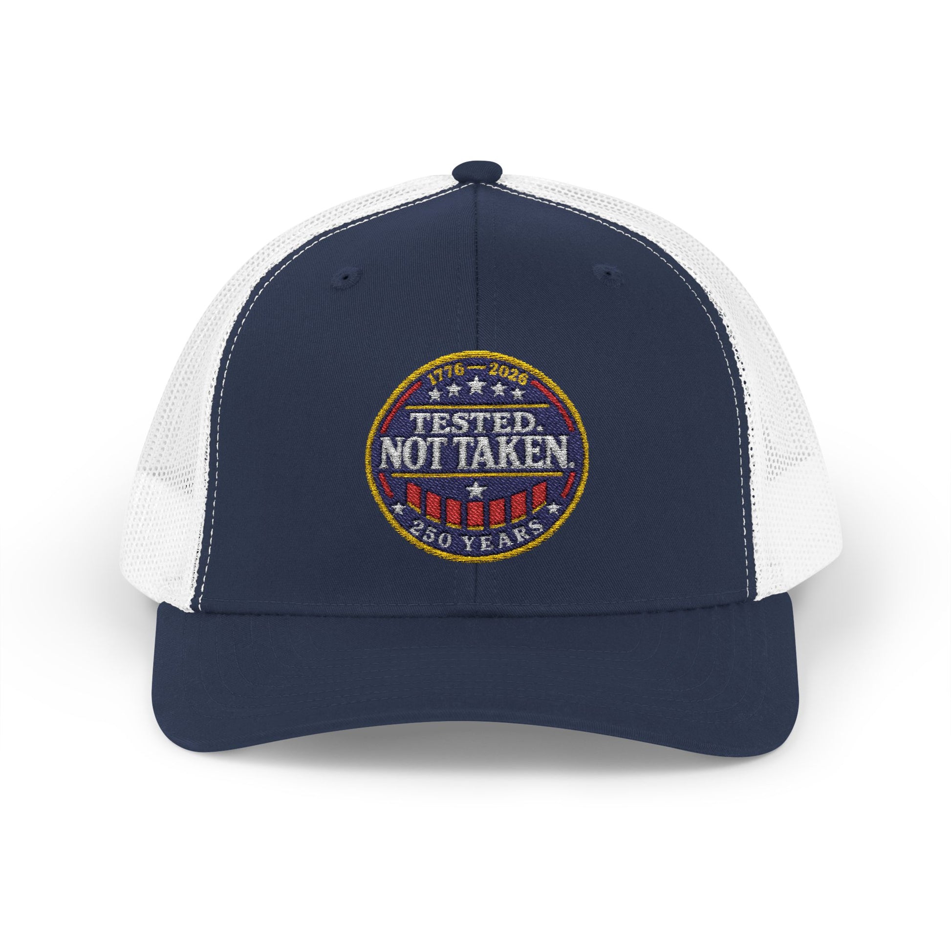 Navy and White Tested. Not Taken Emblem USA 250th | Truckers Cap | Doxa Kairos Co. Patriotic Hat
