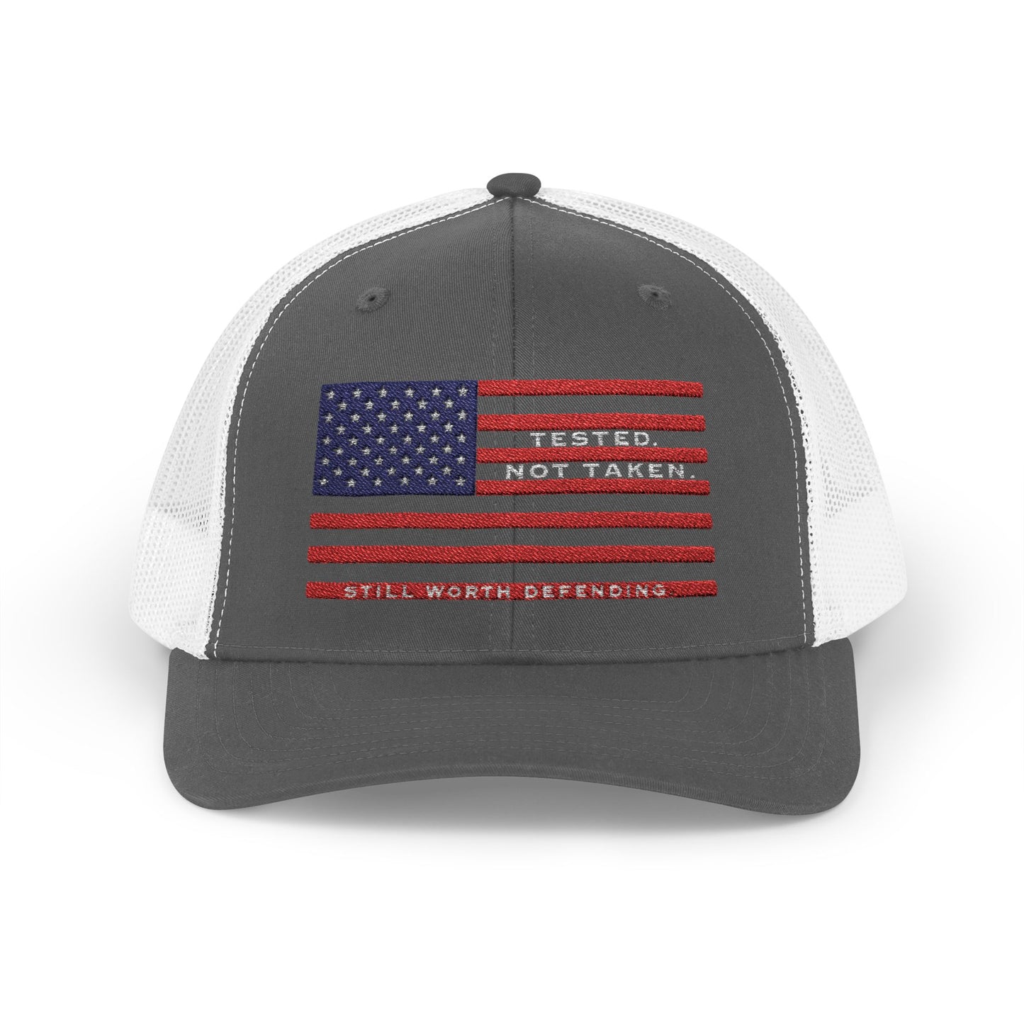 Grey White USA Flag Tested Not Taken Trucker Cap Doxa Kairos™ Hat