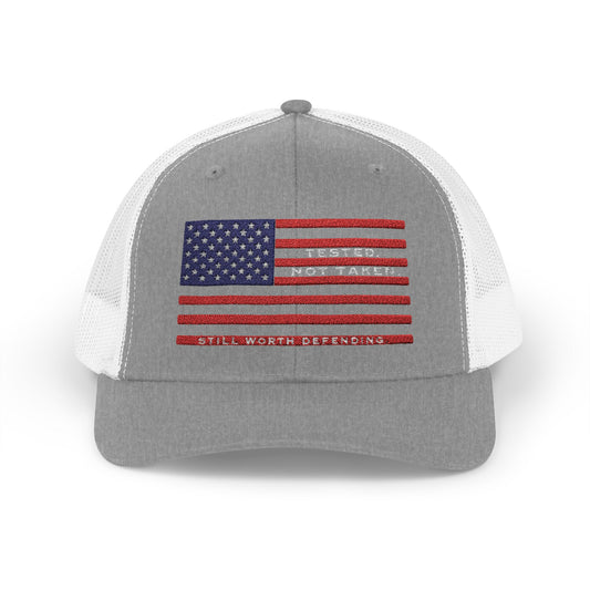 Grey White USA Flag Tested Not Taken Trucker Cap Doxa Kairos™ Hat