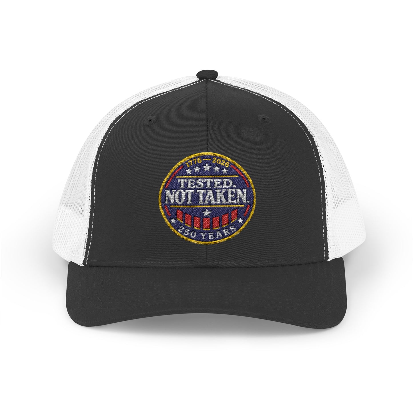 Black and White Tested. Not Taken Emblem USA 250th | Truckers Cap | Doxa Kairos Co. Patriotic Hat