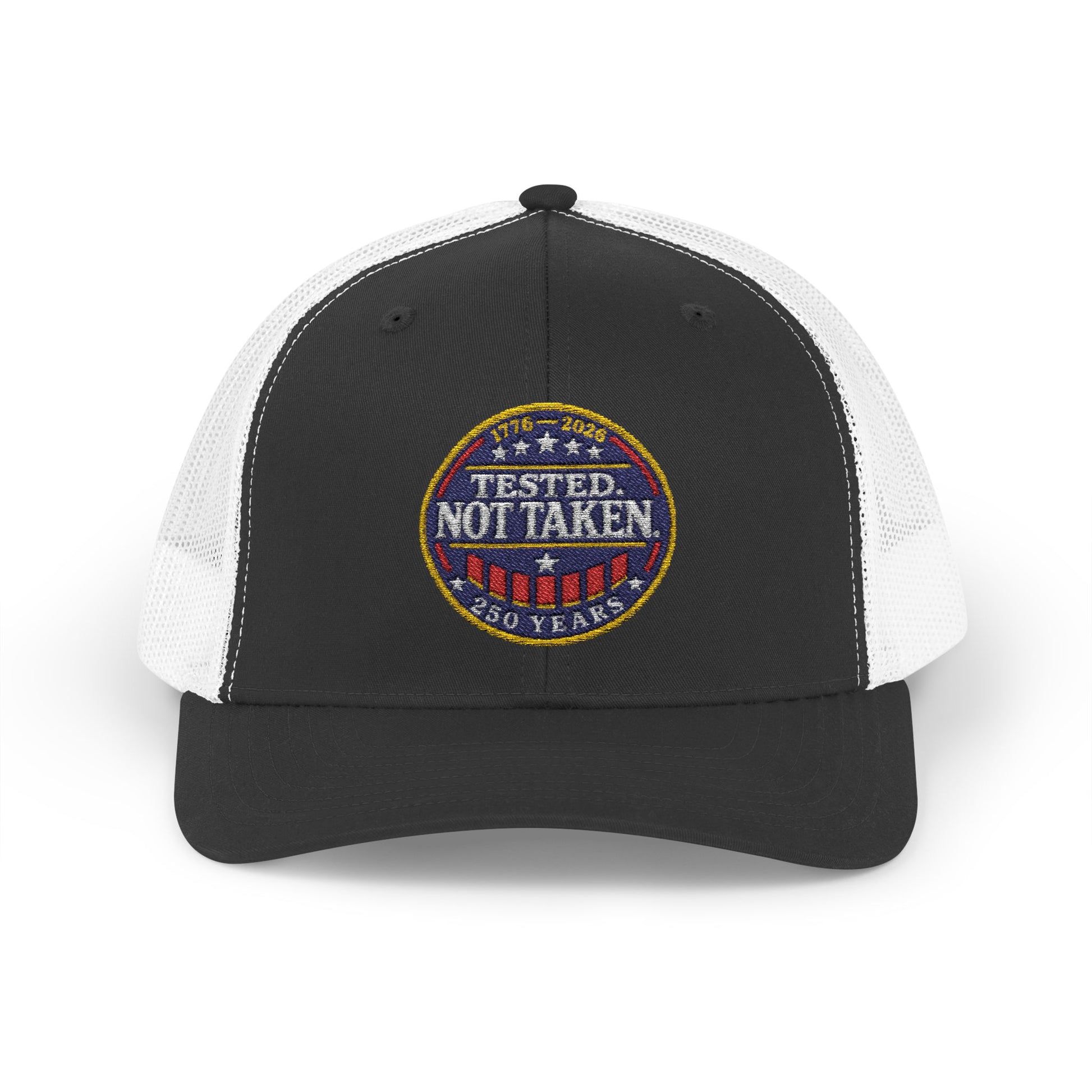 Black and White Tested. Not Taken Emblem USA 250th | Truckers Cap | Doxa Kairos Co. Patriotic Hat