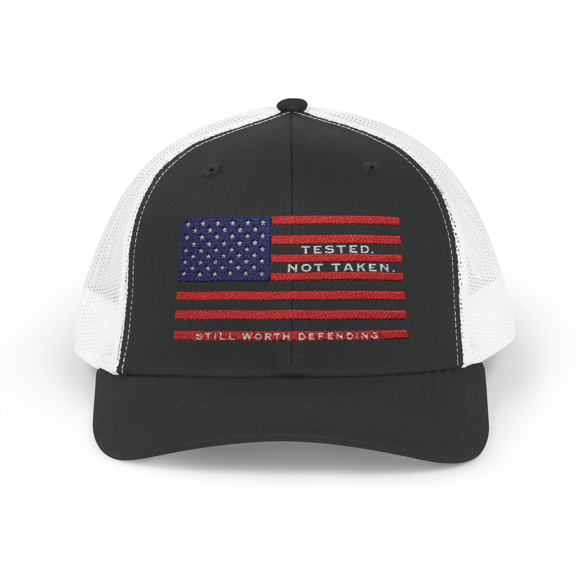Black white USA Flag Tested Not Taken Trucker Cap Doxa Kairos™ Hat