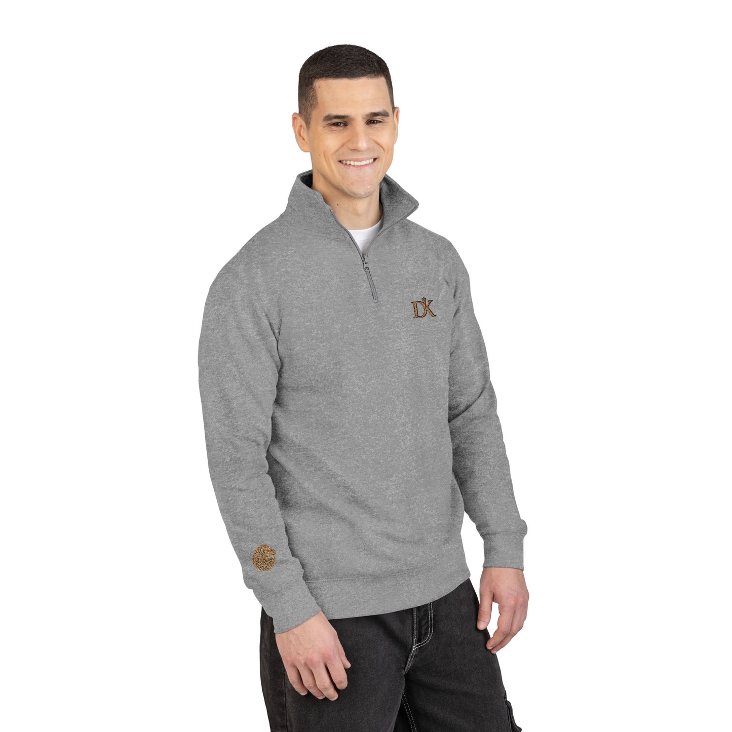 Side of Man Wearing Grey DK Monogram Logo Half Zip Fleece Kairos™ Pullover