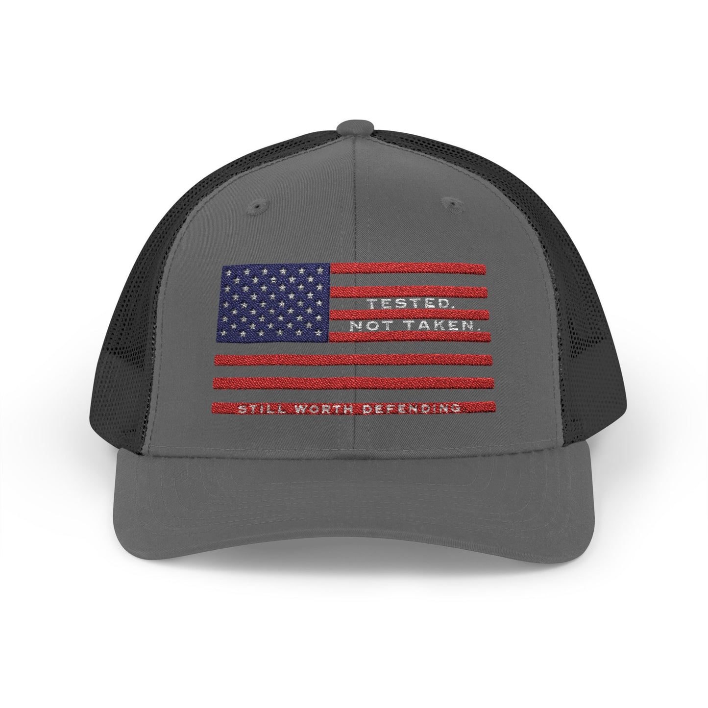 Charcoal Black USA Flag Tested Not Taken Trucker Cap Doxa Kairos™ Hat