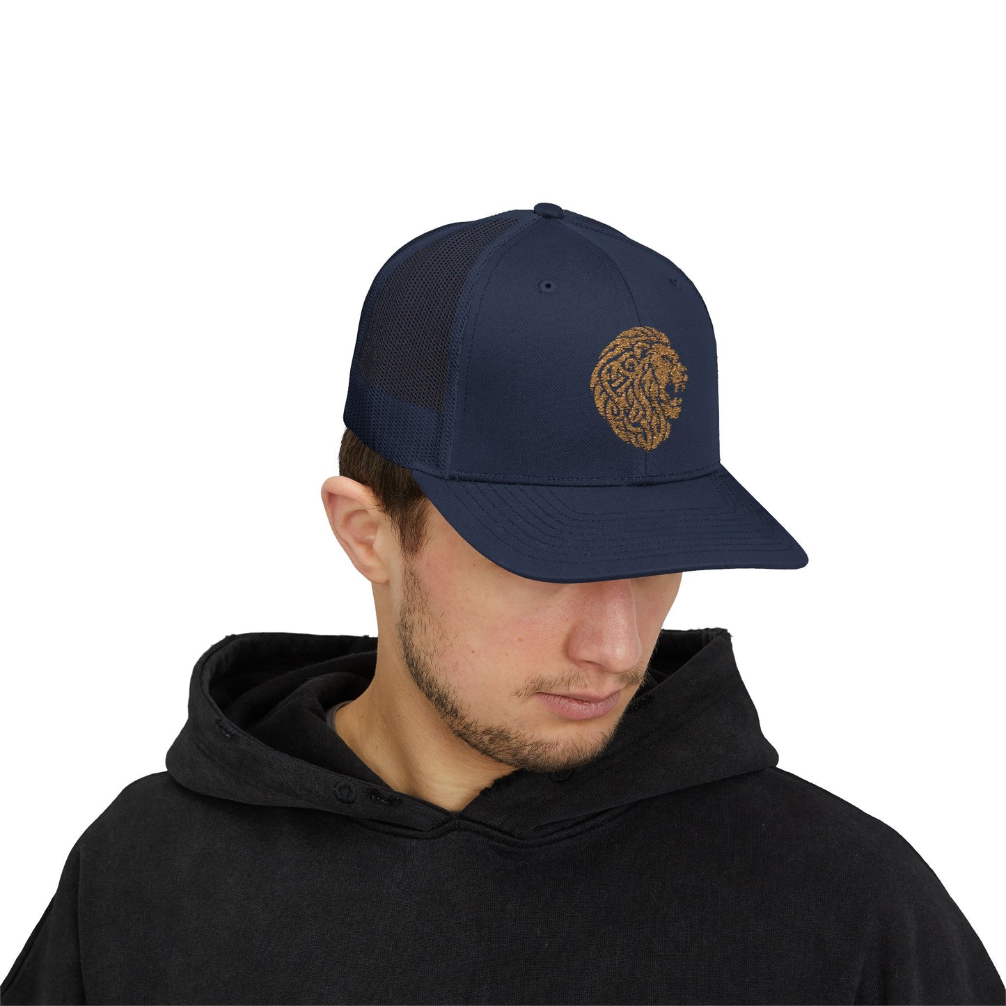 Navy DK Lion Logo Snapback Trucker Cap Doxa Kairos™ Hat Being Worn By a Man