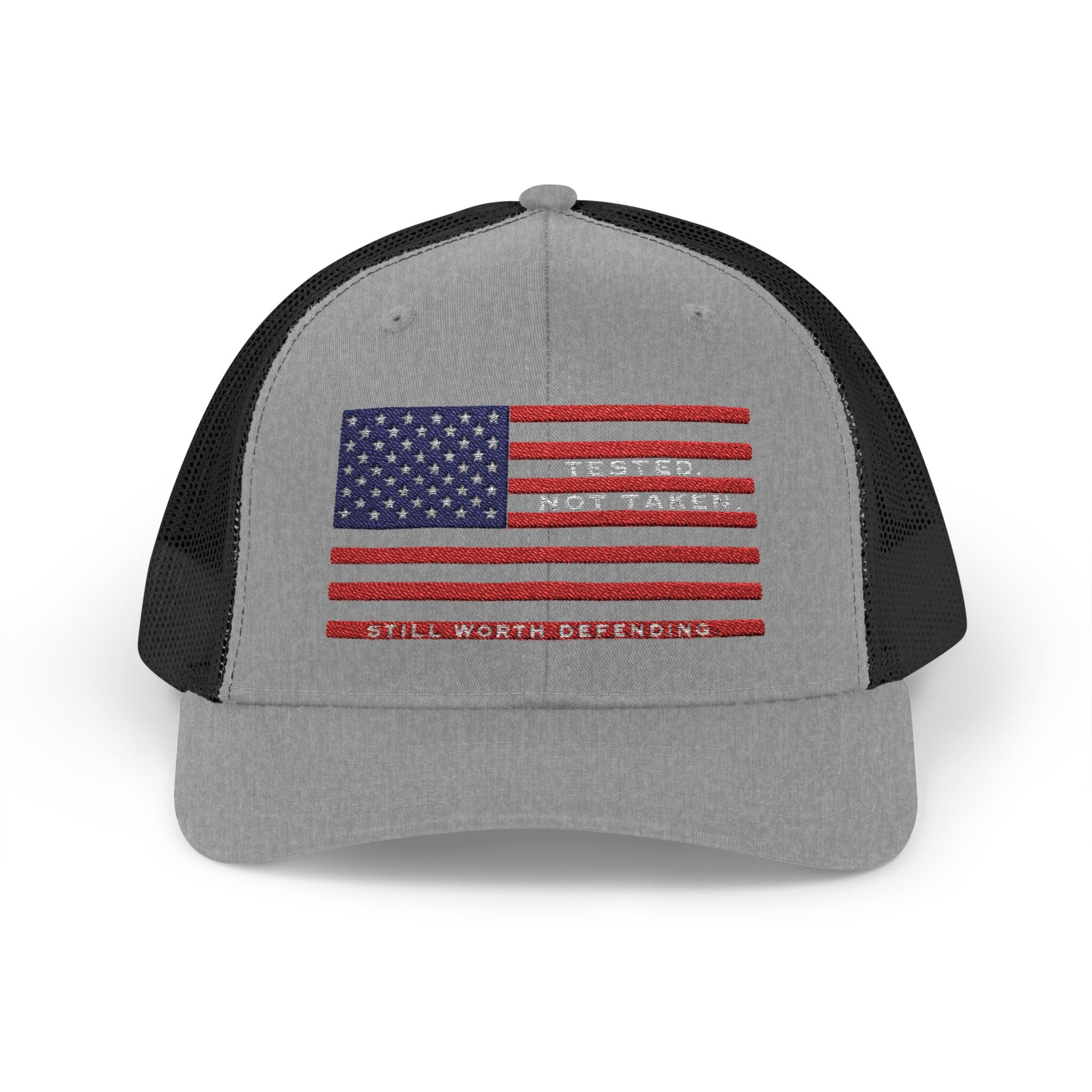 Grey Black USA Flag Tested Not Taken Trucker Cap Doxa Kairos™ Hat