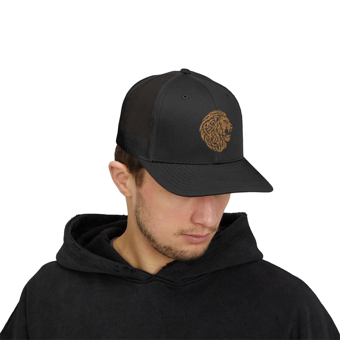 Black DK Lion Trucker Cap Doxa Kairos™ Hat Being Worn By a Man