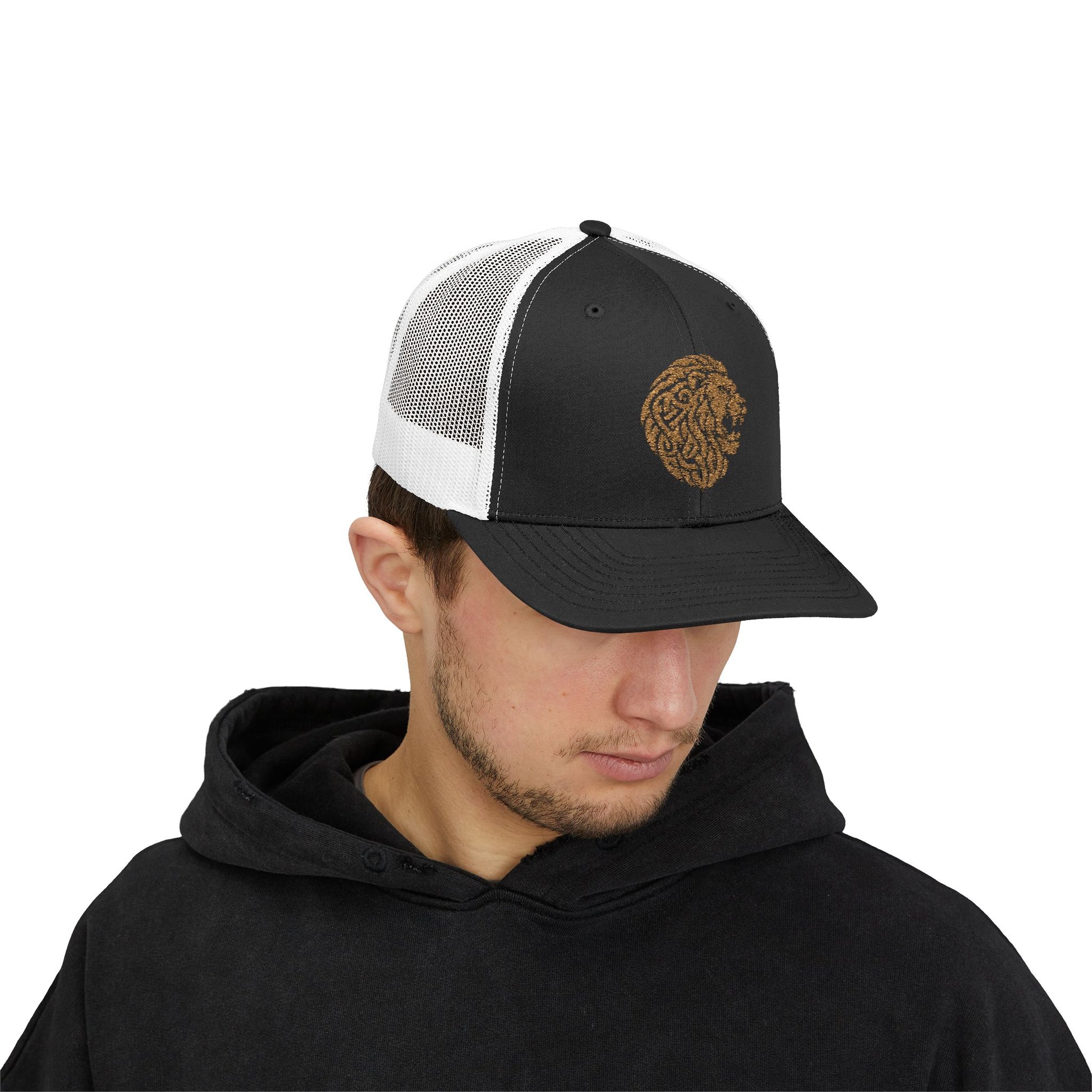 Black and White DK Lion Trucker Cap Doxa Kairos™ Hat Being Worn By a Man