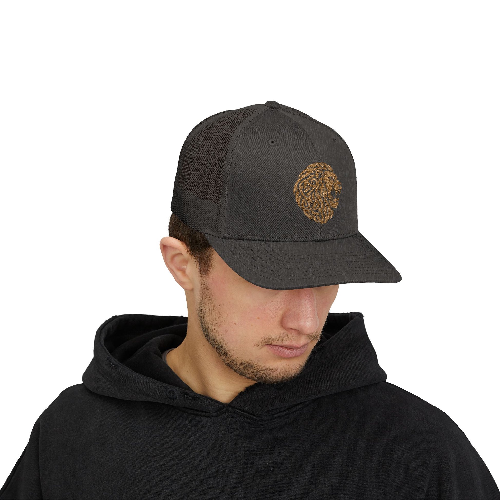 Charcoal DK Lion Trucker Cap Doxa Kairos™ Hat Being Worn By a Man
