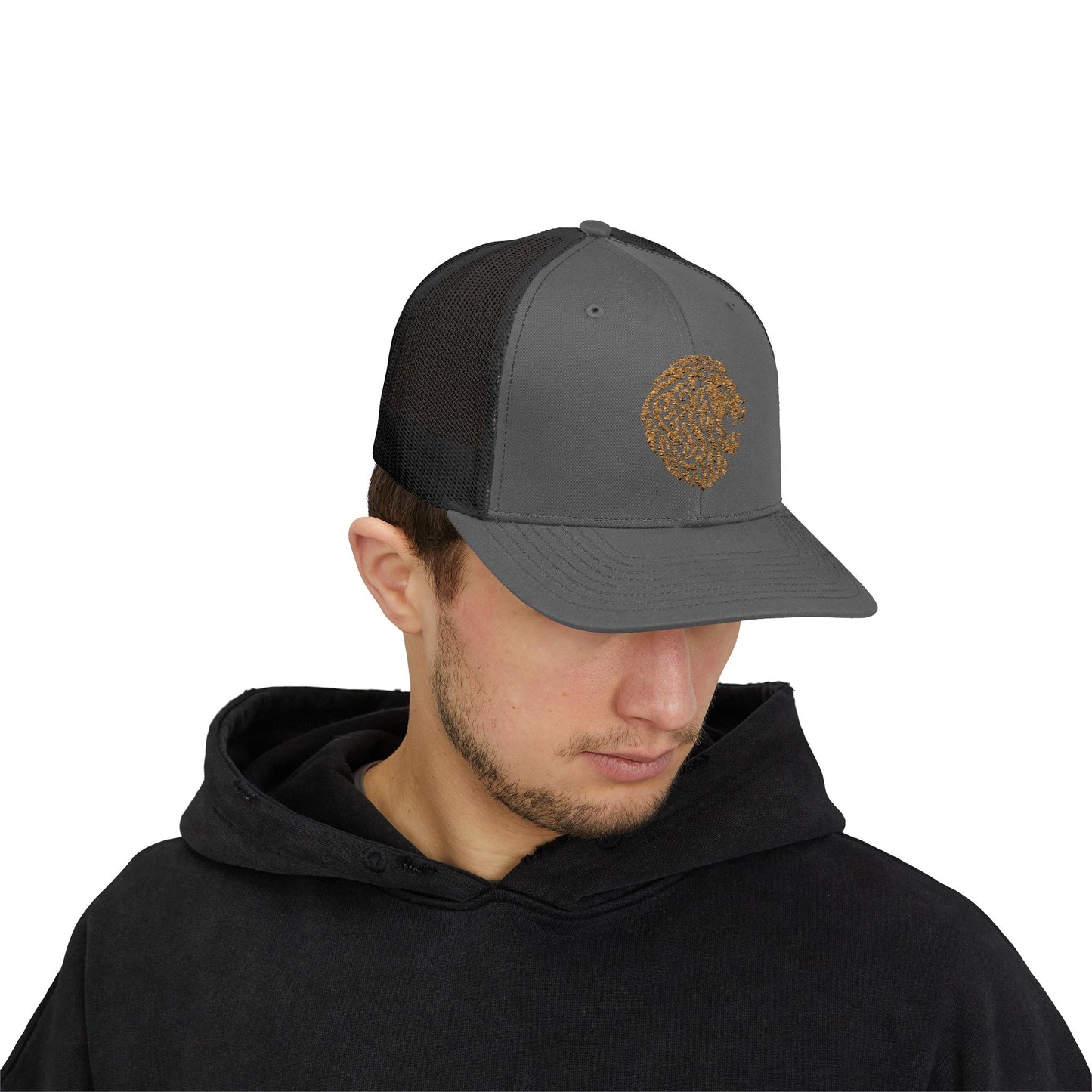 Charcoal and Black DK Lion Trucker Cap Doxa Kairos™ Hat Being Worn By a Man