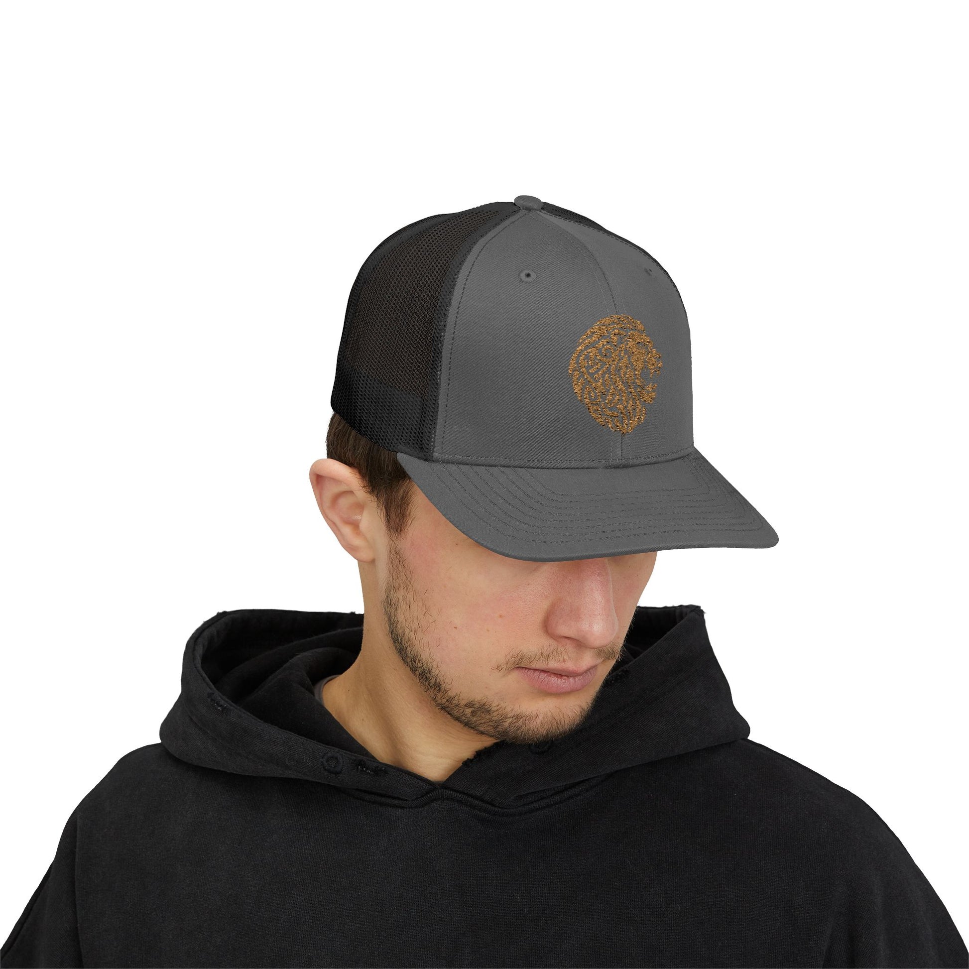 Charcoal and Black DK Lion Trucker Cap Doxa Kairos™ Hat Being Worn By a Man