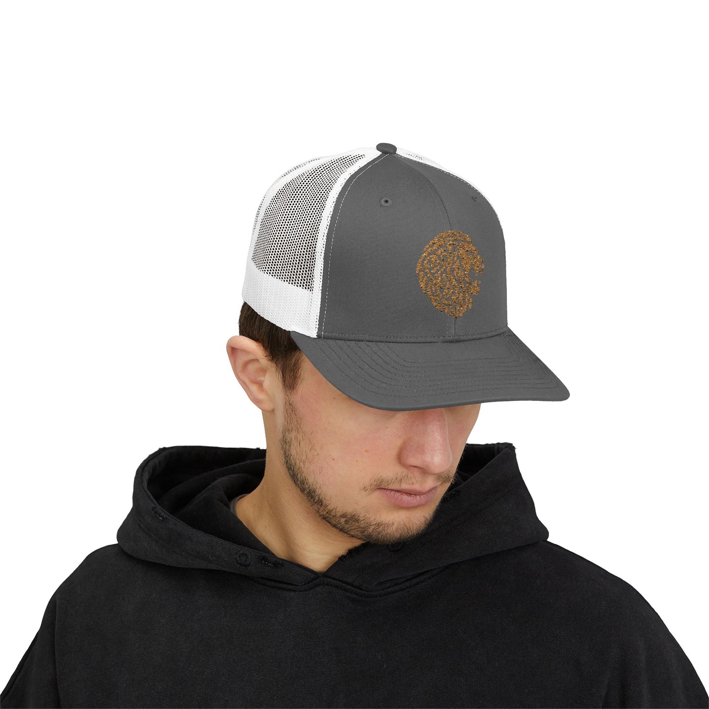 Grey and White DK Lion Trucker Cap Doxa Kairos™ Hat Being Worn By a Man