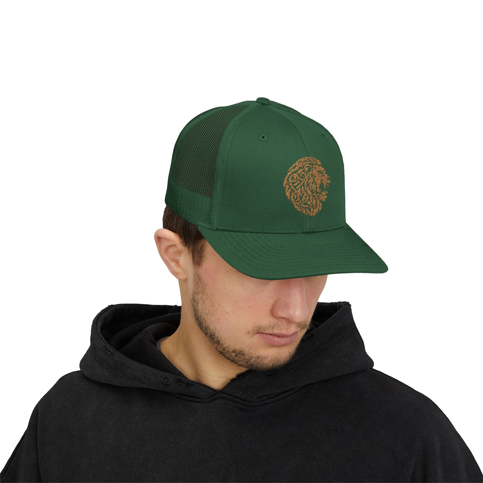 Deep Green DK Lion Trucker Cap Doxa Kairos™ Hat Being Worn By a Man