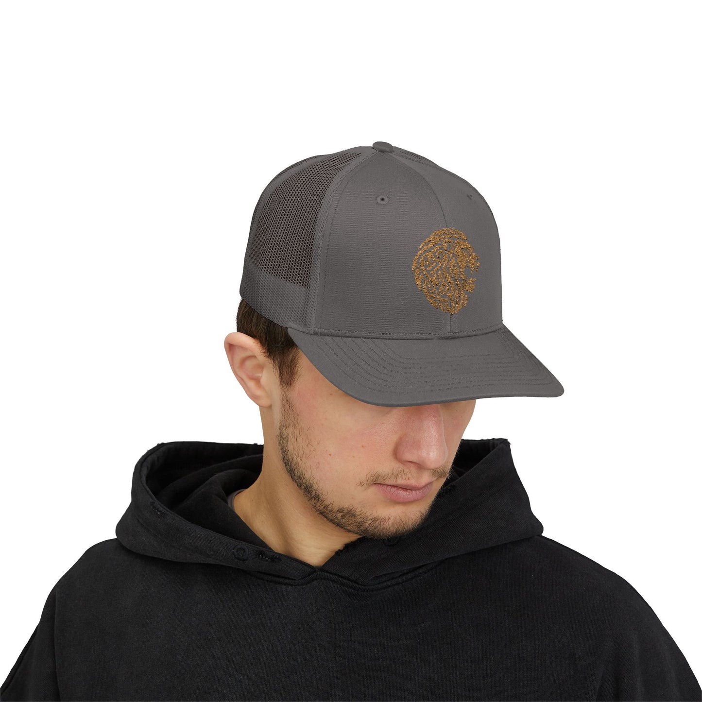Grey DK Lion Trucker Cap Doxa Kairos™ Hat Being Worn By a Man