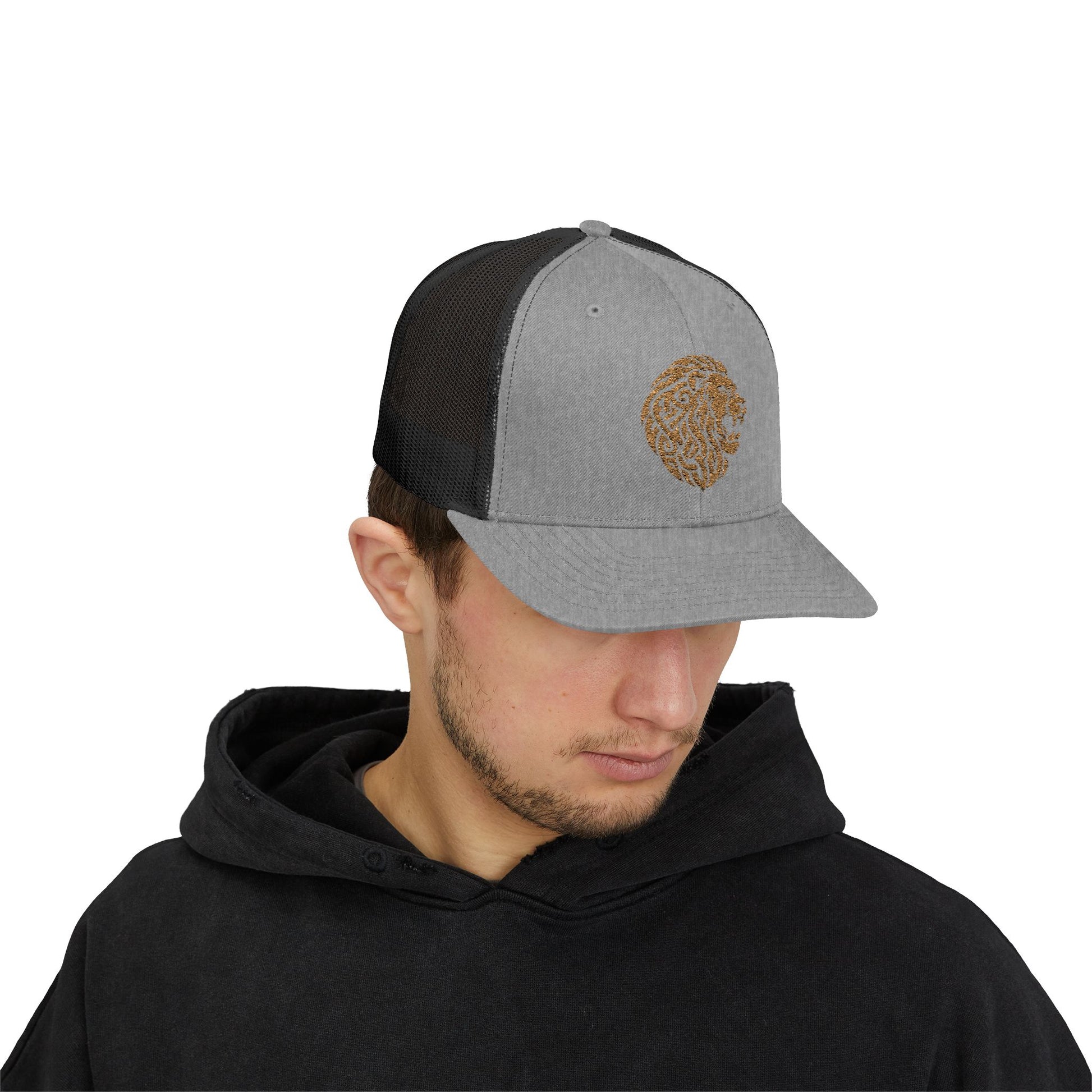 Grey and Black DK Lion Trucker Cap Doxa Kairos™ Hat Being Worn By a Man