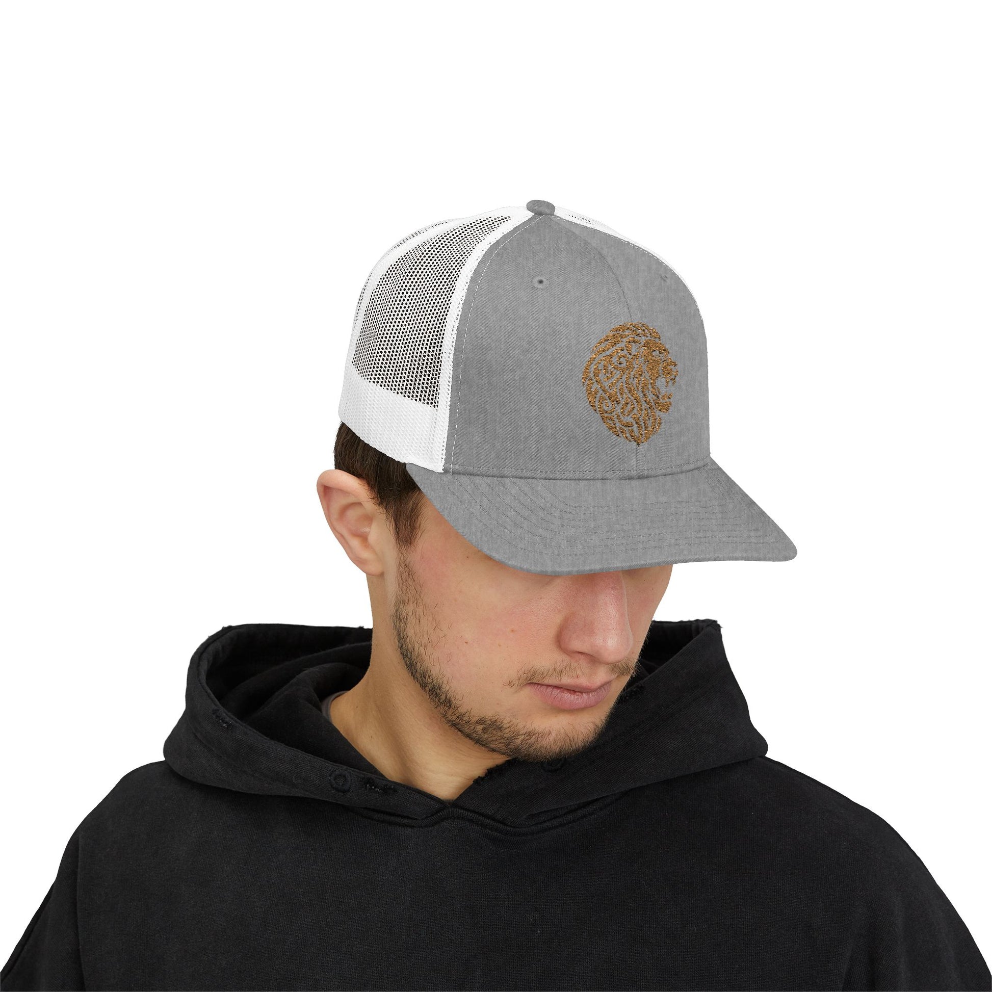 Grey and White DK Lion Trucker Cap Doxa Kairos™ Hat Being Worn By a Man