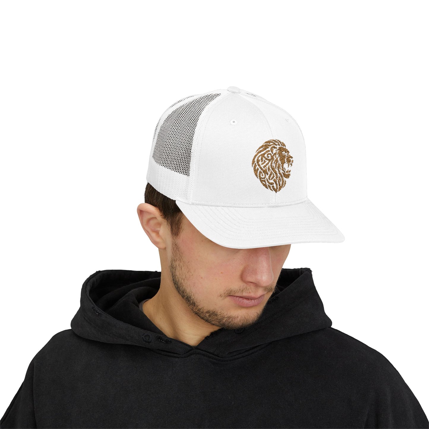 White DK Lion Trucker Cap Doxa Kairos™ Hat Being Worn By a Man