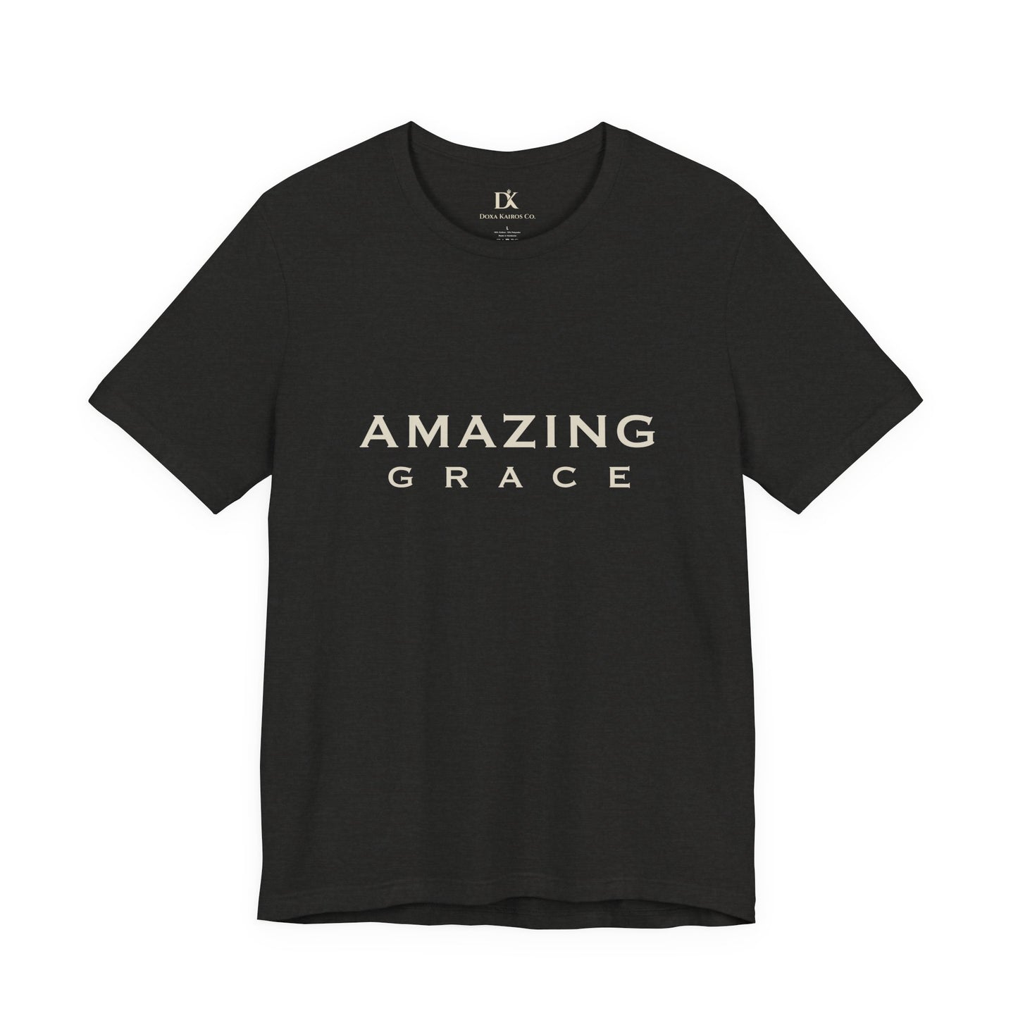 Front of Black Heather Amazing Grace Wordmark  Doxa Kairos™ T-Shirt