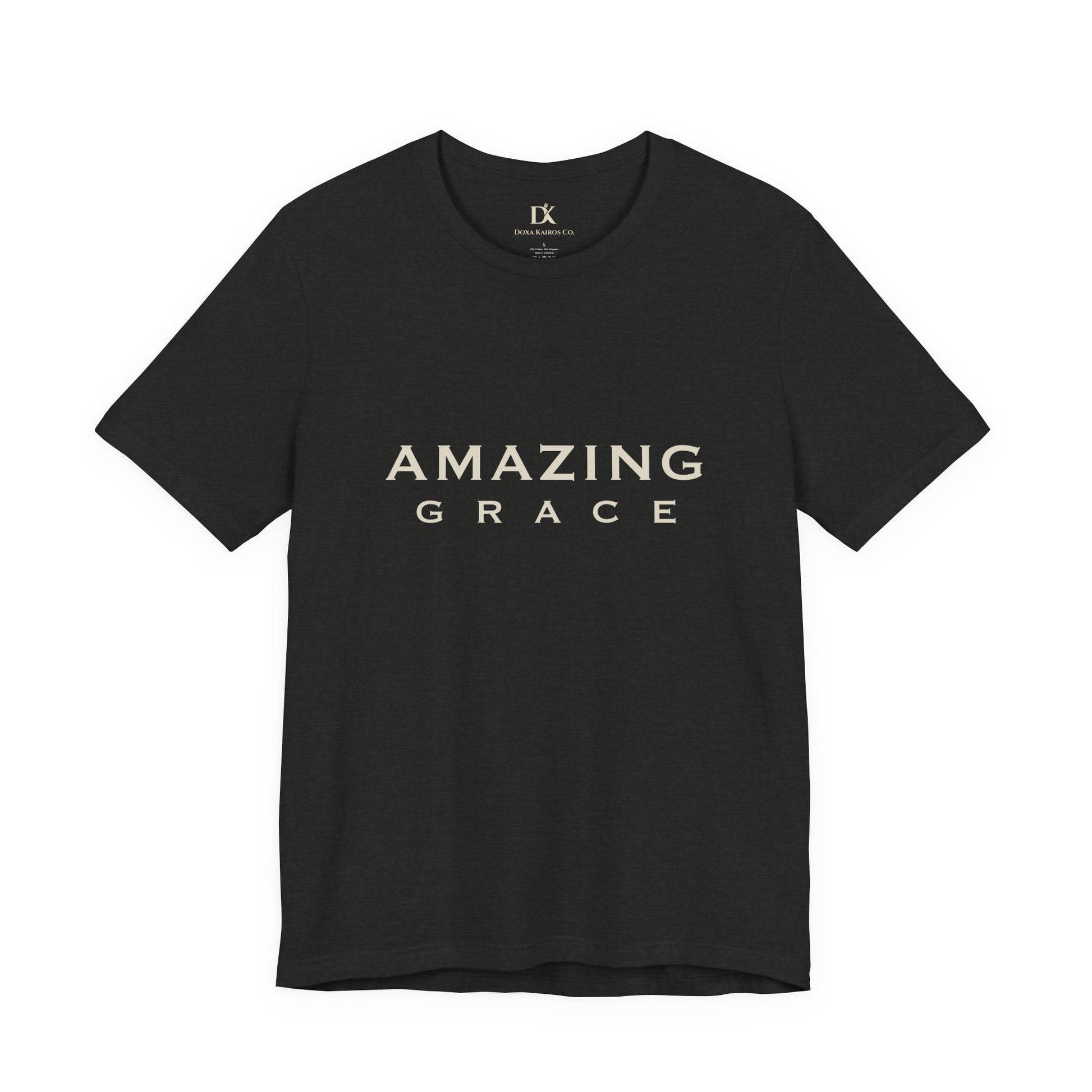 Front of Black Heather Amazing Grace Wordmark  Doxa Kairos™ T-Shirt