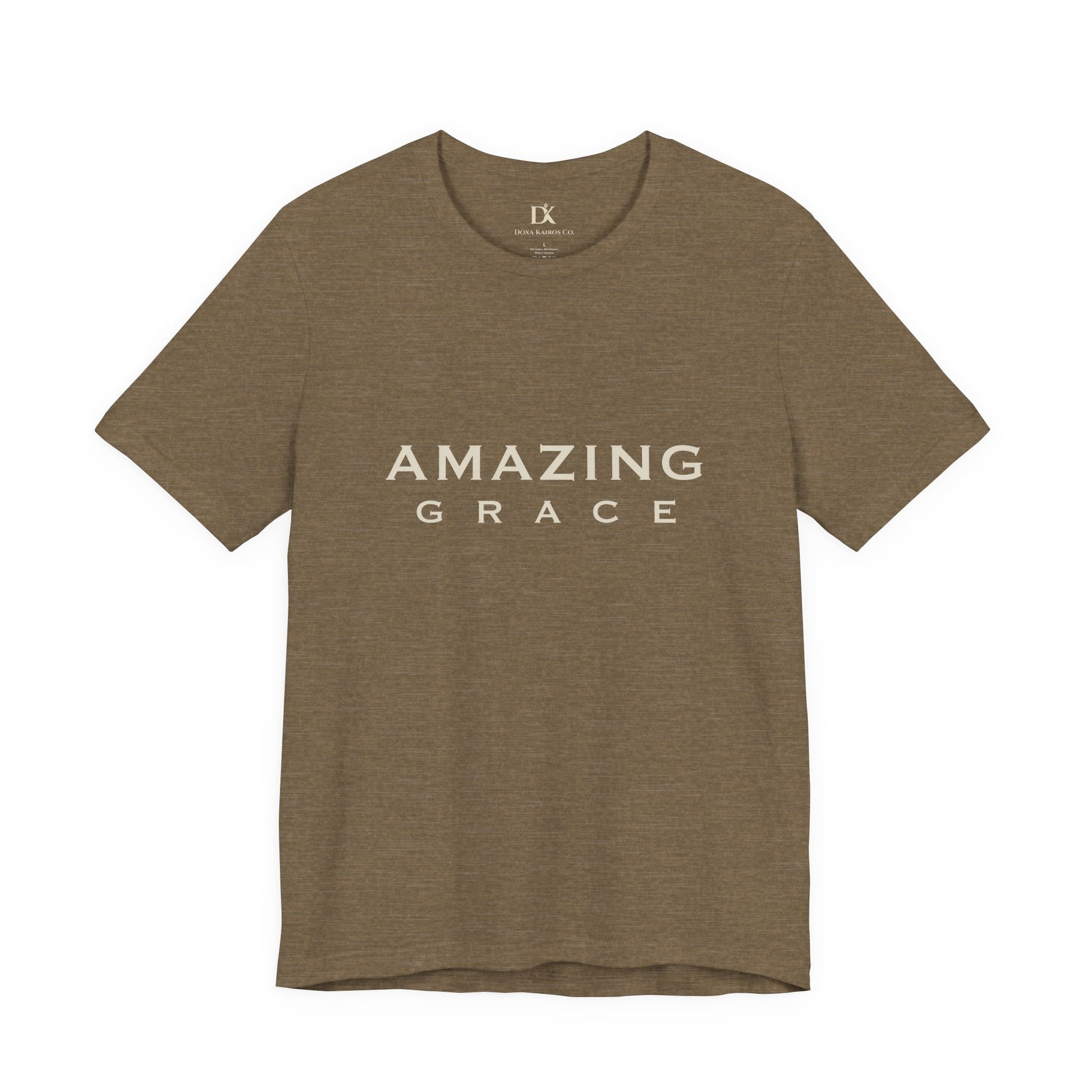 Front of Heather Olive Amazing Grace Wordmark  Doxa Kairos™ T-Shirt