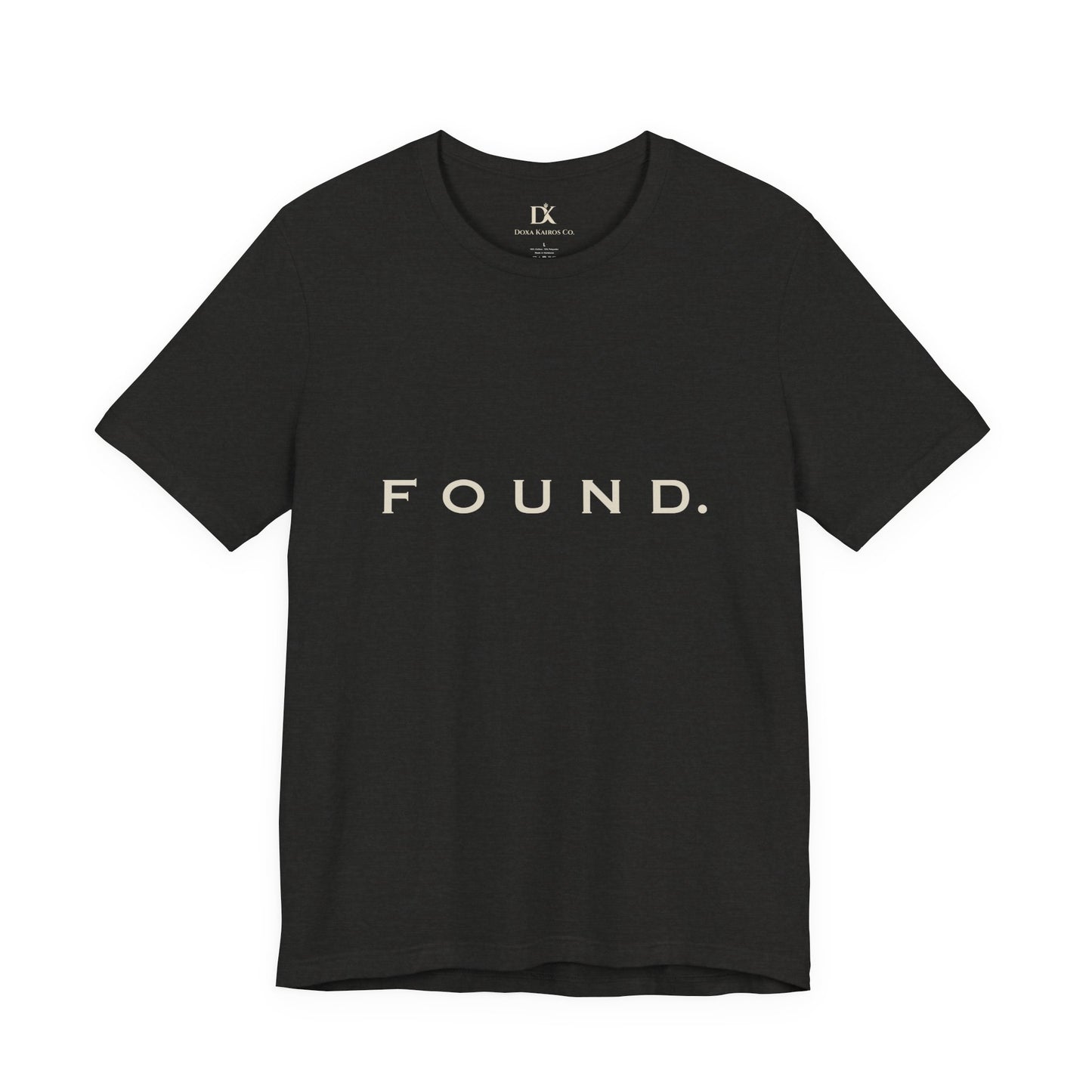 Front of Black Heather Found Wordmark  Doxa Kairos™ T-Shirt
