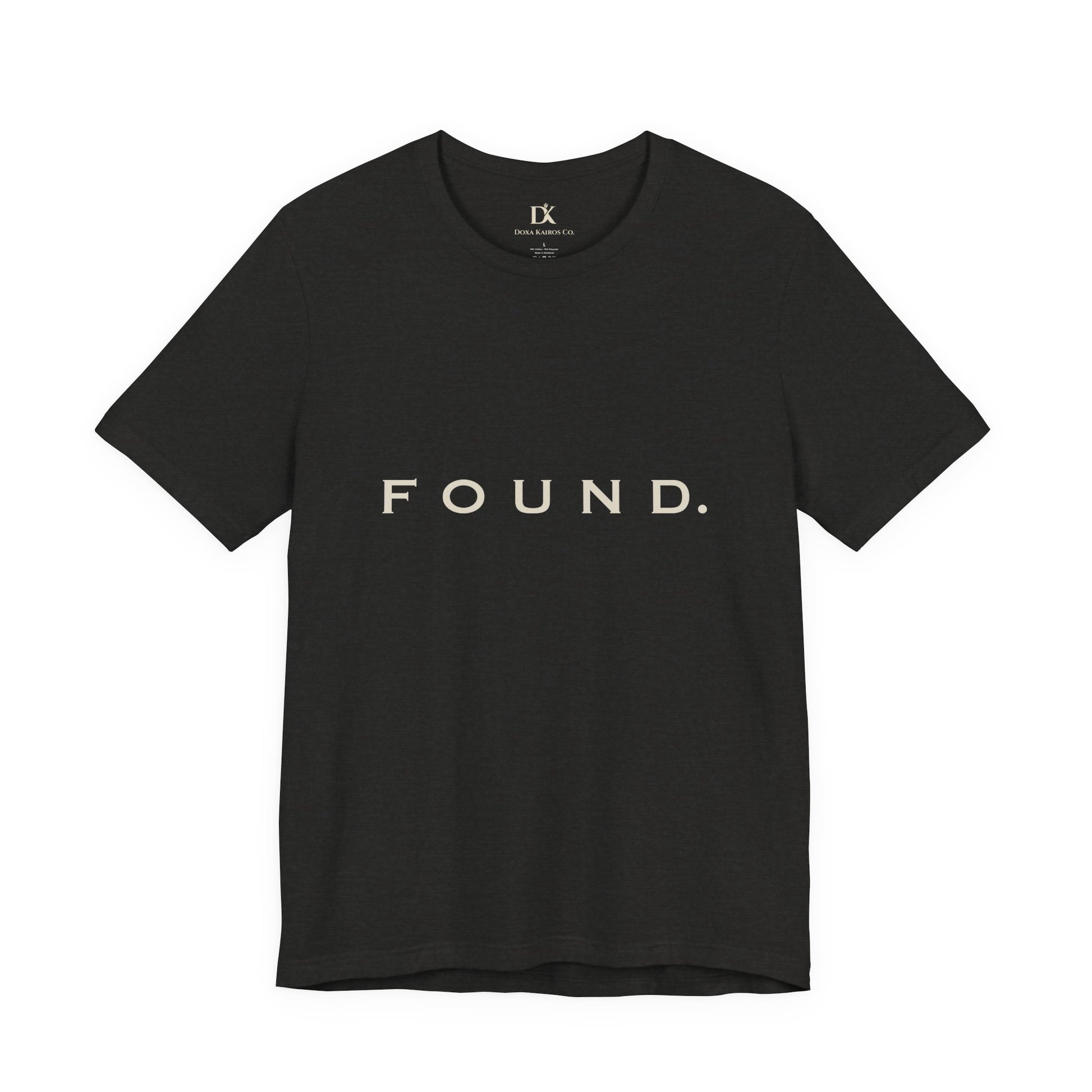 Front of Black Heather Found Wordmark  Doxa Kairos™ T-Shirt