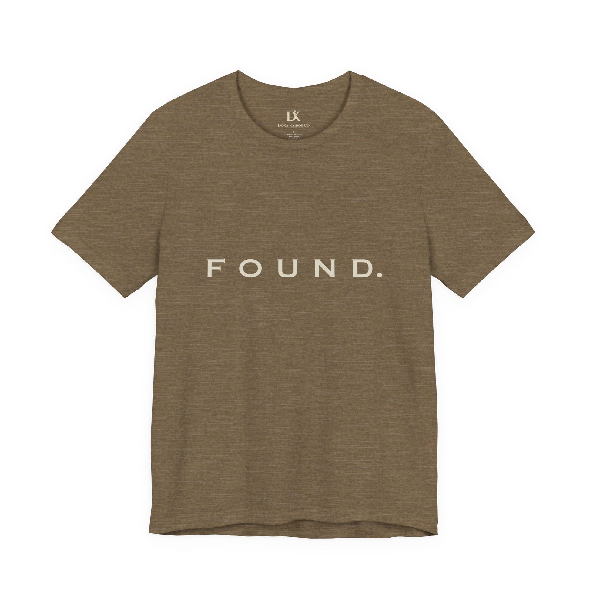 Front of Heather Olive Found Wordmark  Doxa Kairos™ T-Shirt