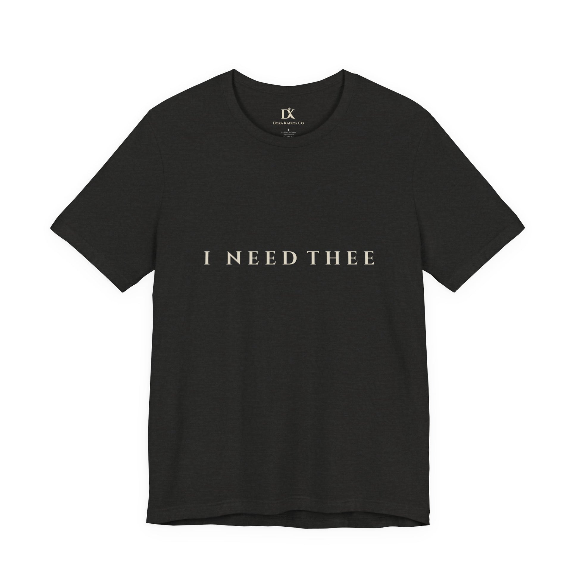 Front of Black Heather I Need Thee Wordmark  Doxa Kairos™ T-Shirt