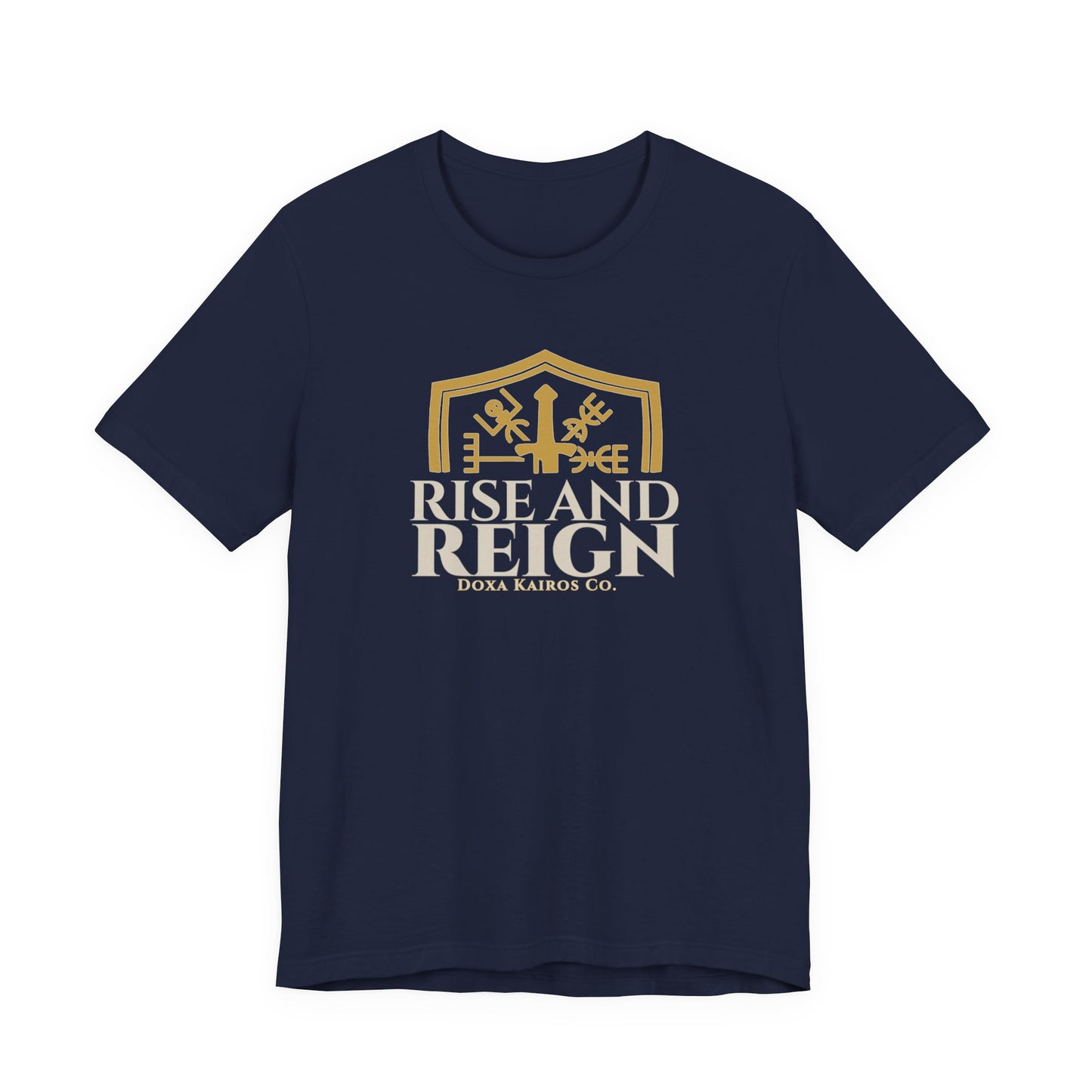 Front of Navy Rise and Reign Shield Doxa Kairos™ T-Shirt
