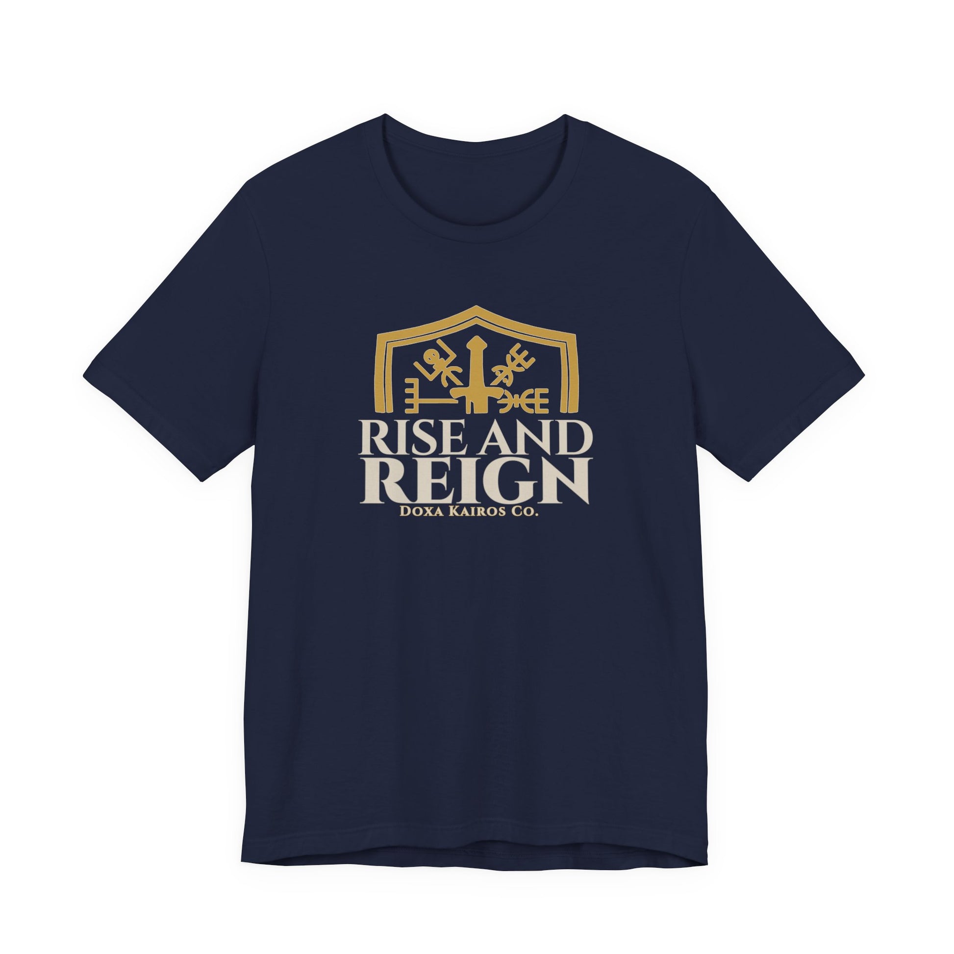 Front of Navy Rise and Reign Shield Doxa Kairos™ T-Shirt