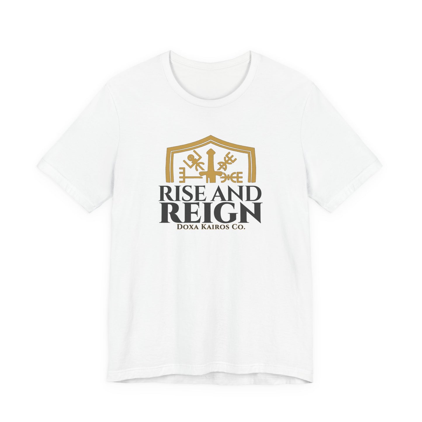 Front of White Rise and Reign Shield Doxa Kairos™ T-Shirt