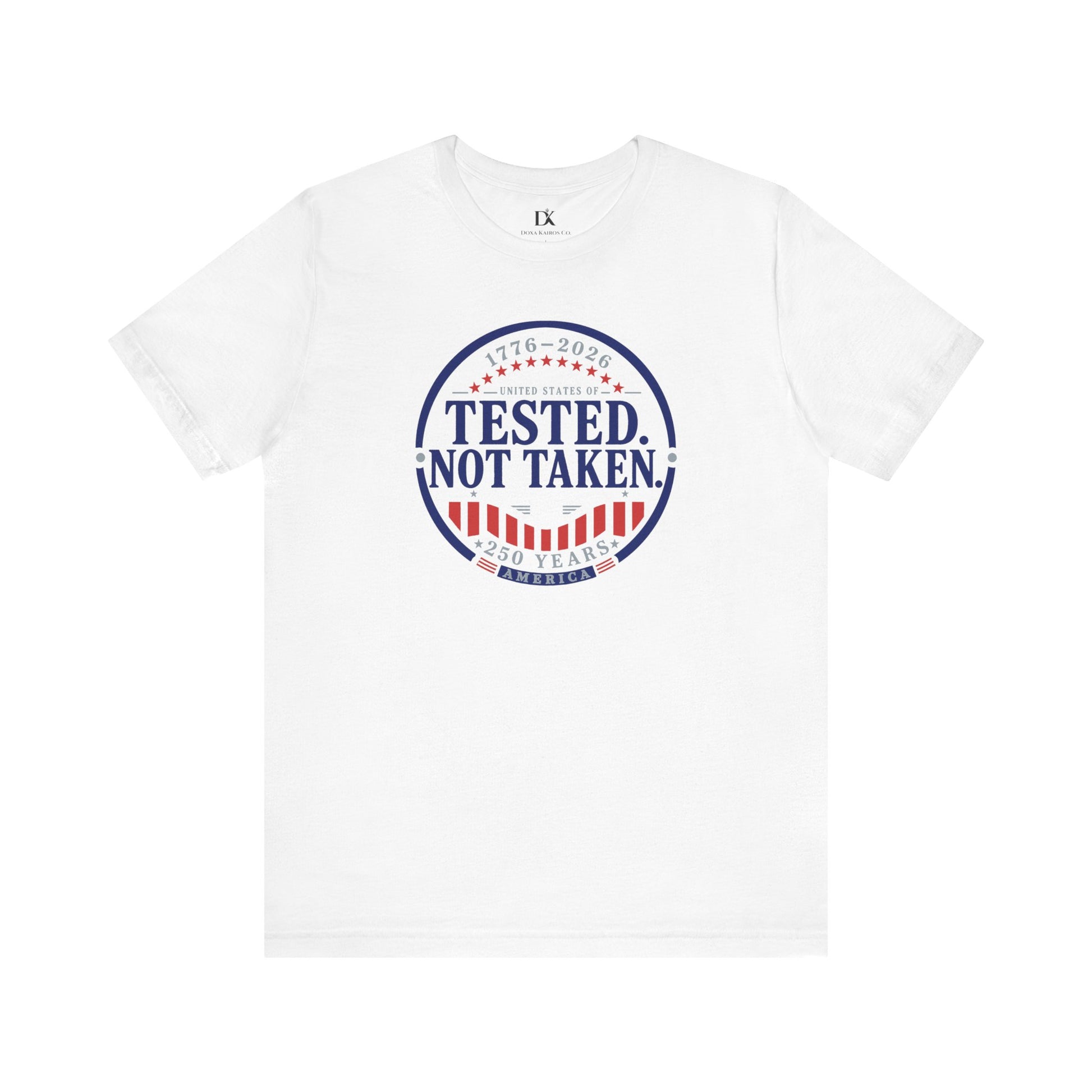 Front of White Tested Not Taken Emblem Doxa Kairos™ T-Shirt