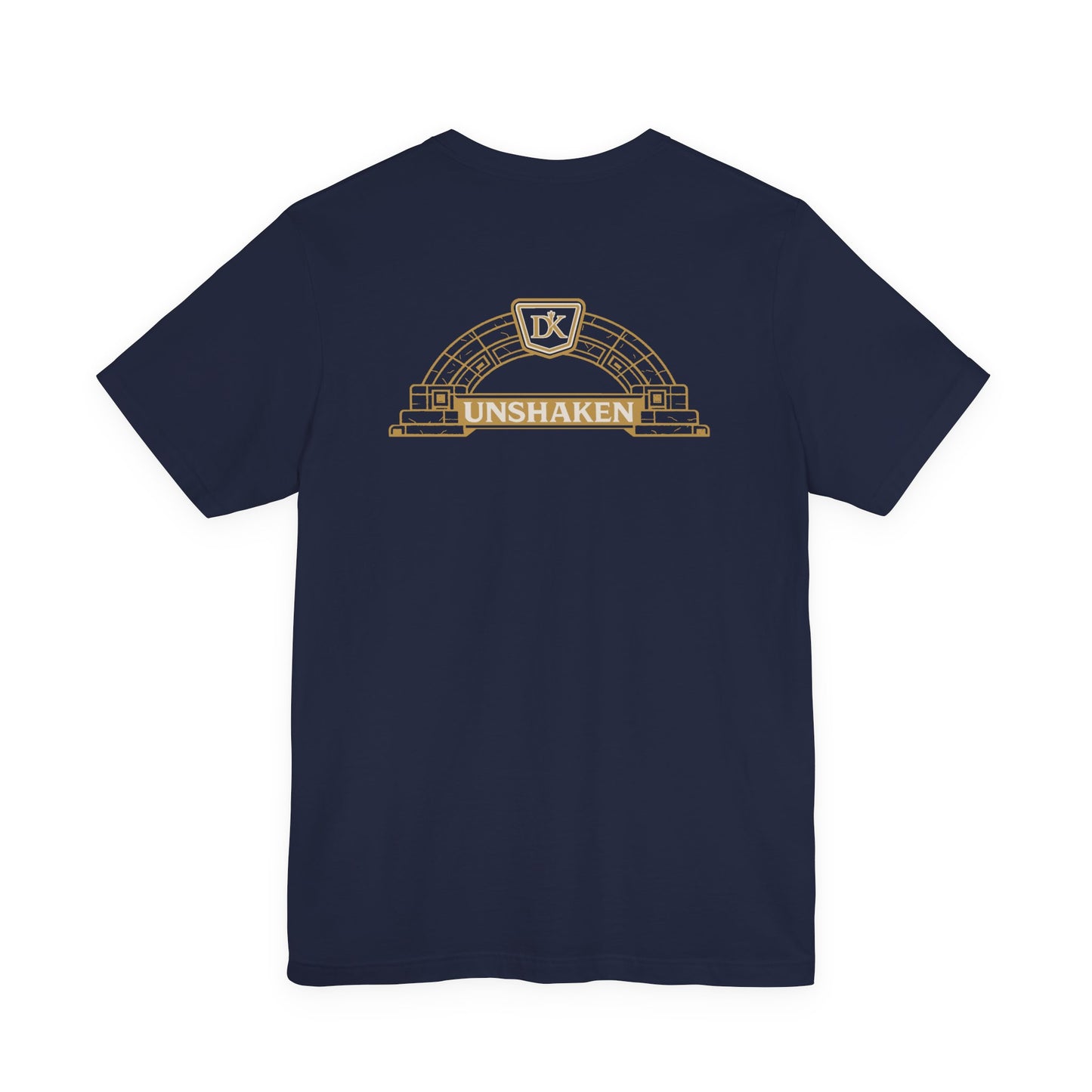 Back of Navy Unshaken Arch Doxa Kairos™ T-Shirt