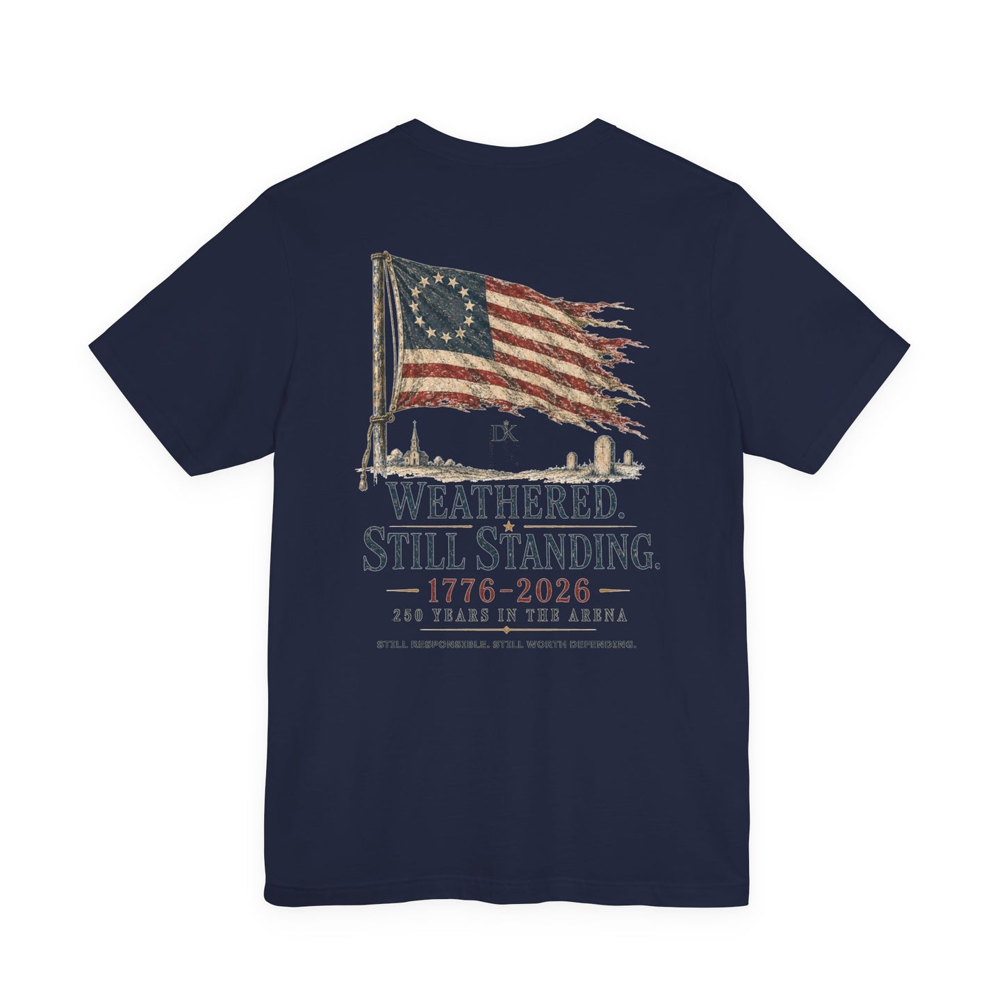 Back of Navy Weathered Still Standing Doxa Kairos™ T-Shirt
