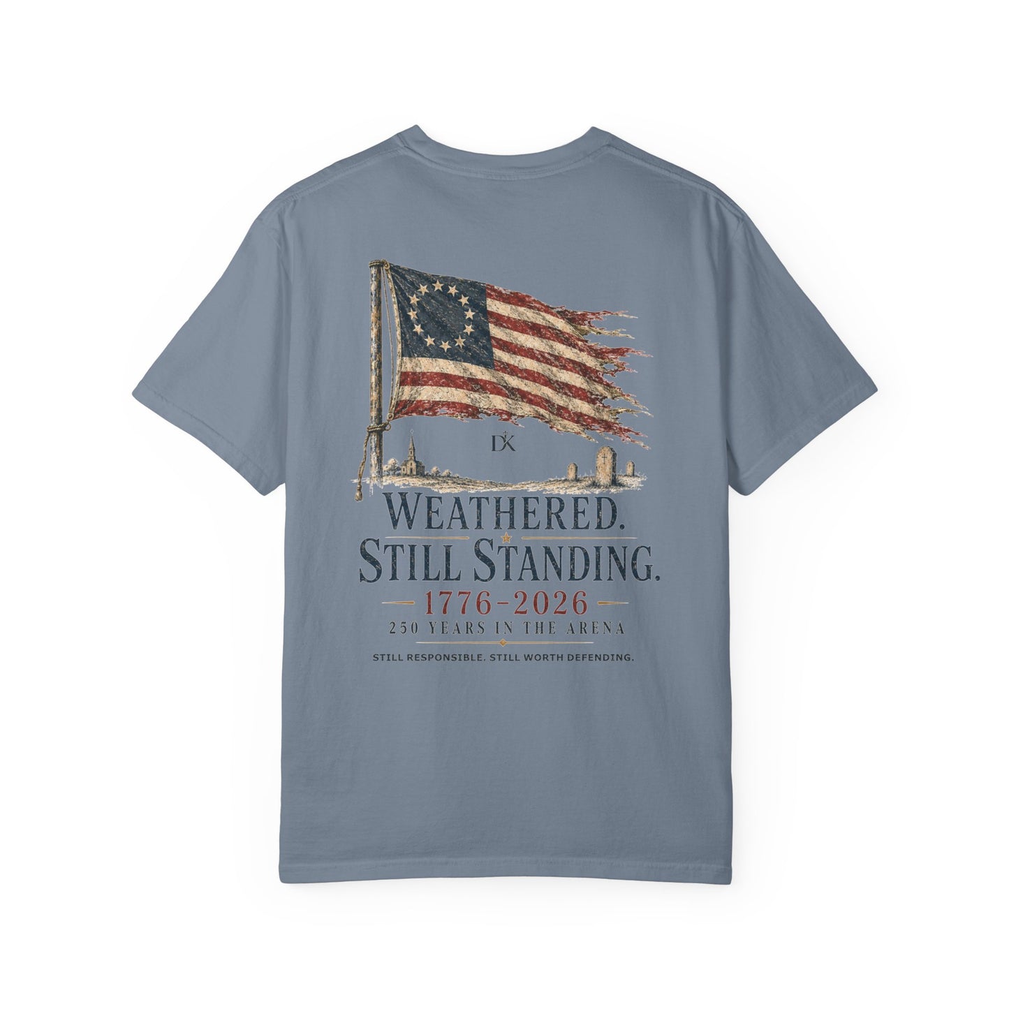 Back of Blue Jean Weathered Still Standing Kairos™ Signature T-Shirt