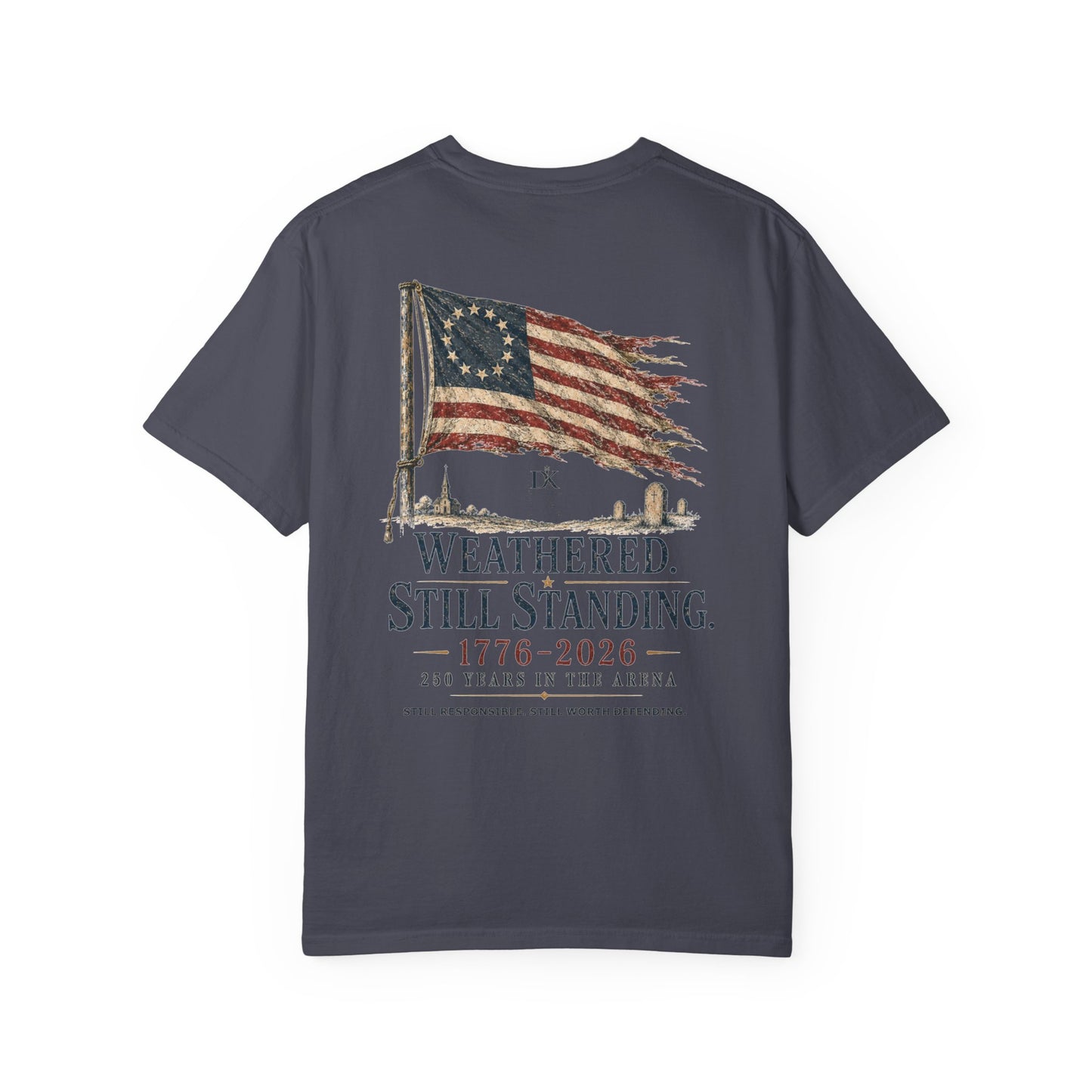 Back of Graphite Weathered Still Standing Kairos™ Signature T-Shirt