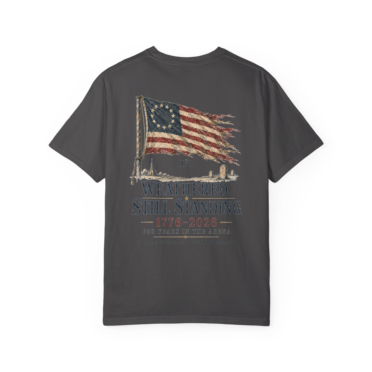 Back of Grey Weathered Still Standing Kairos™ Signature T-Shirt