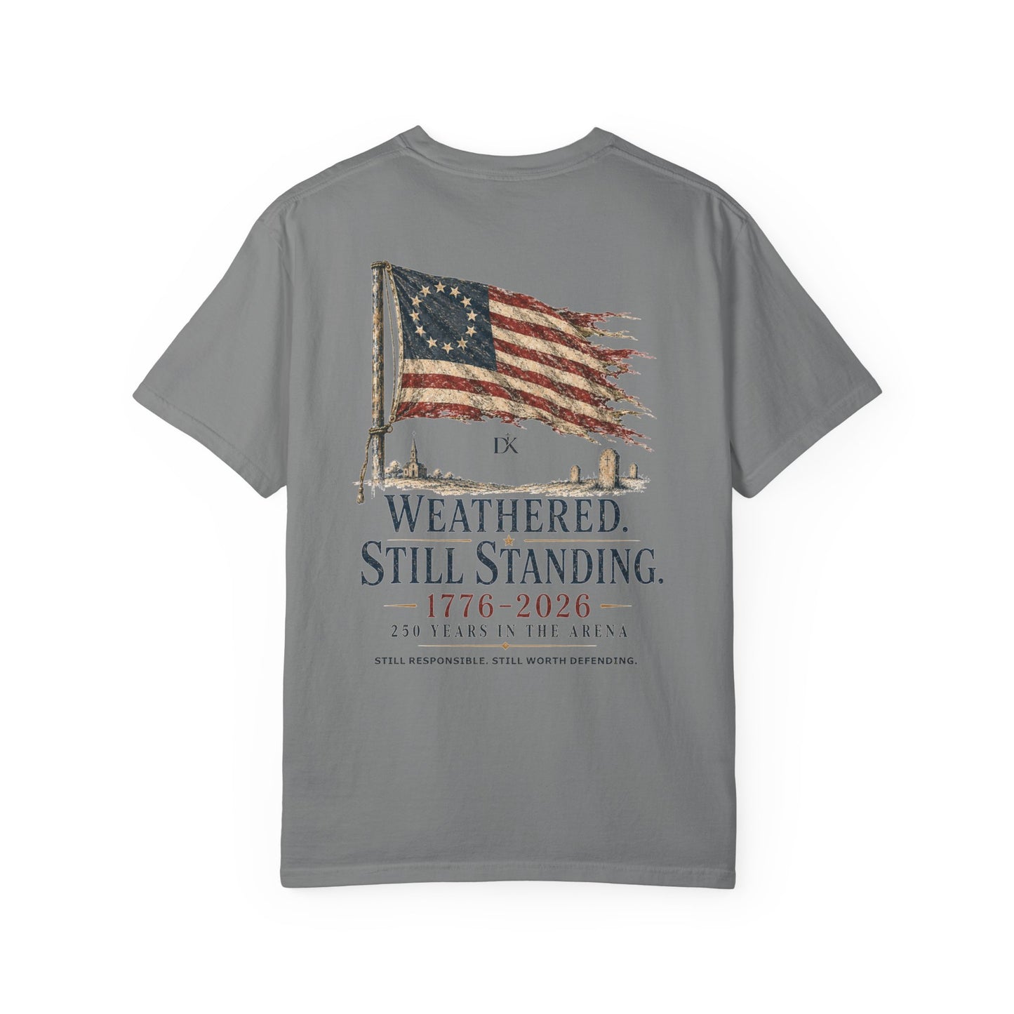 Back of Gray Weathered Still Standing Kairos™ Signature T-Shirt