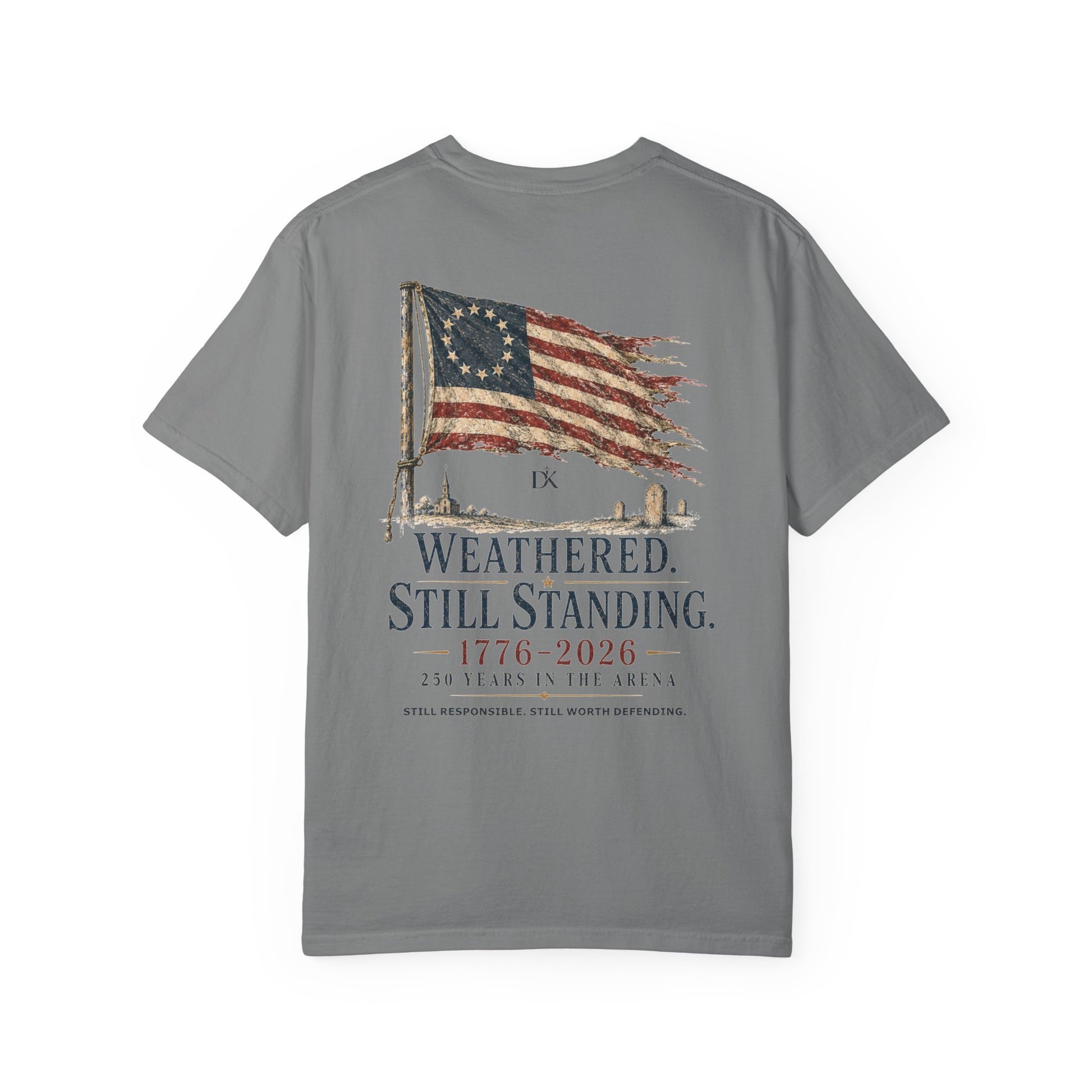 Back of Gray Weathered Still Standing Kairos™ Signature T-Shirt