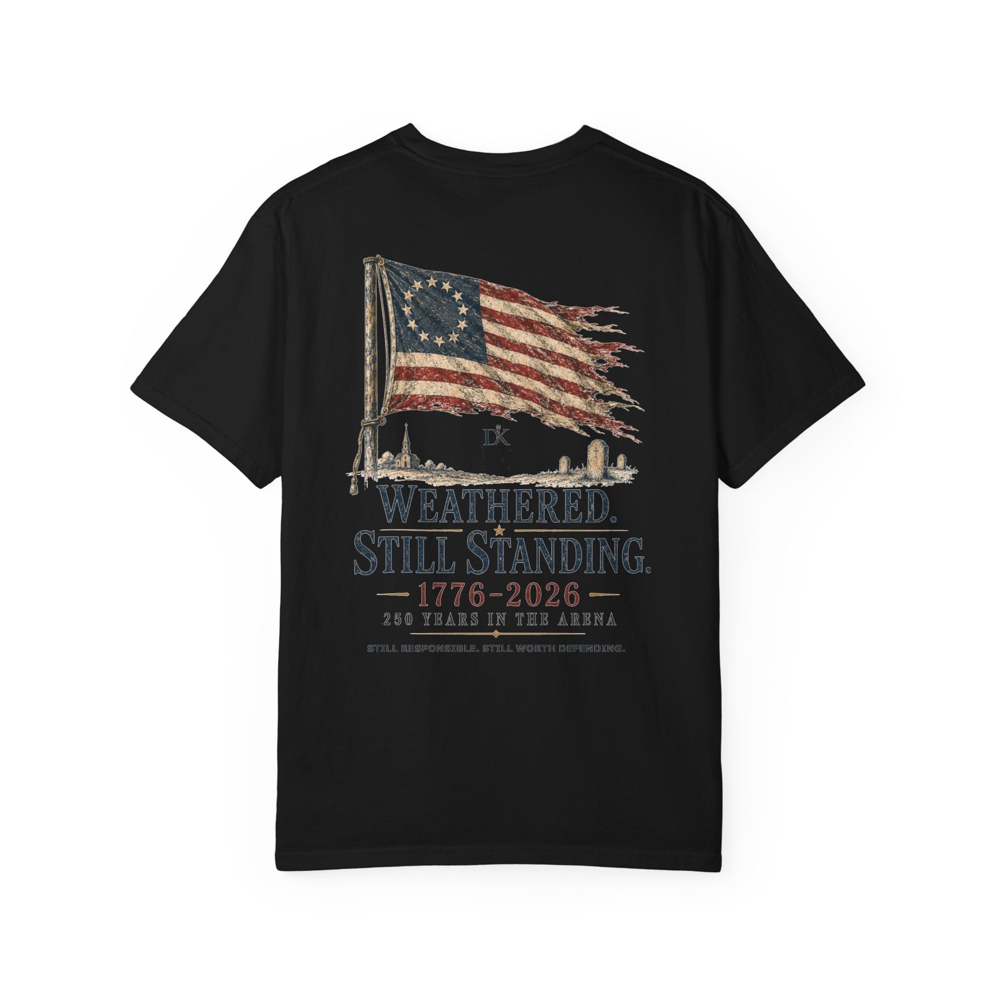 Back of Black Weathered Still Standing Kairos™ Signature T-Shirt