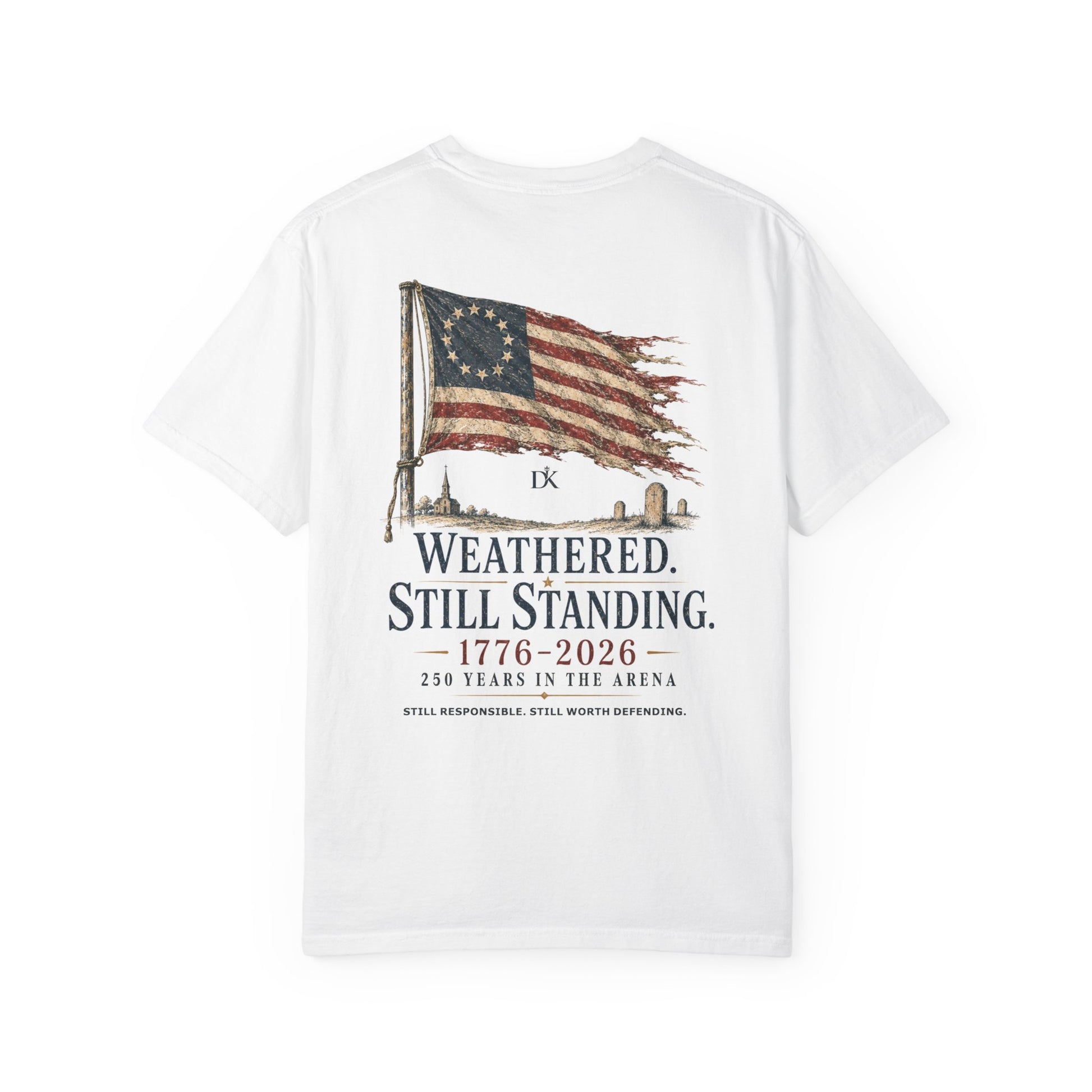 Back of White Weathered Still Standing Kairos™ Signature T-Shirt