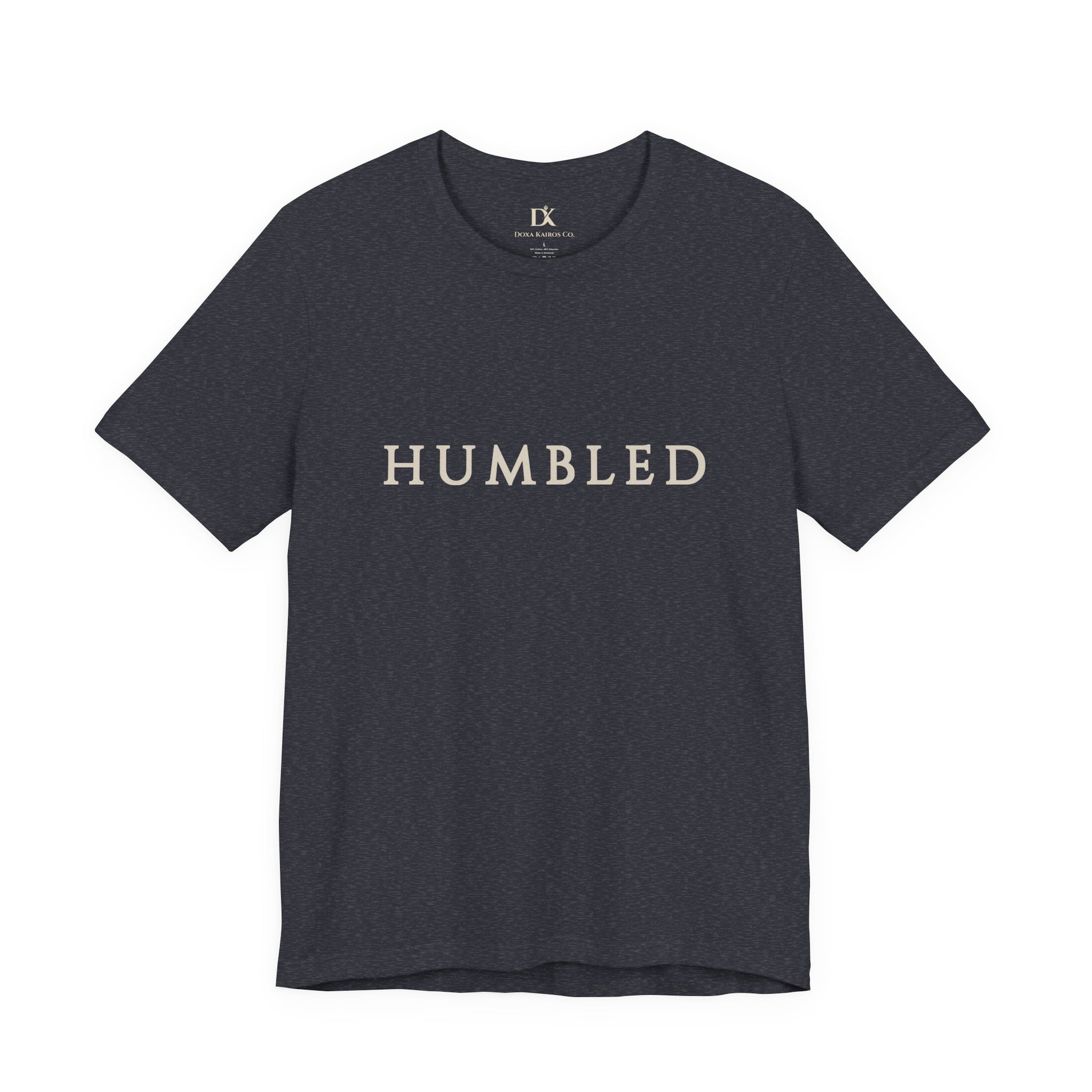 Front of Heather Navy Humbled Wordmark  Doxa Kairos™ T-Shirt
